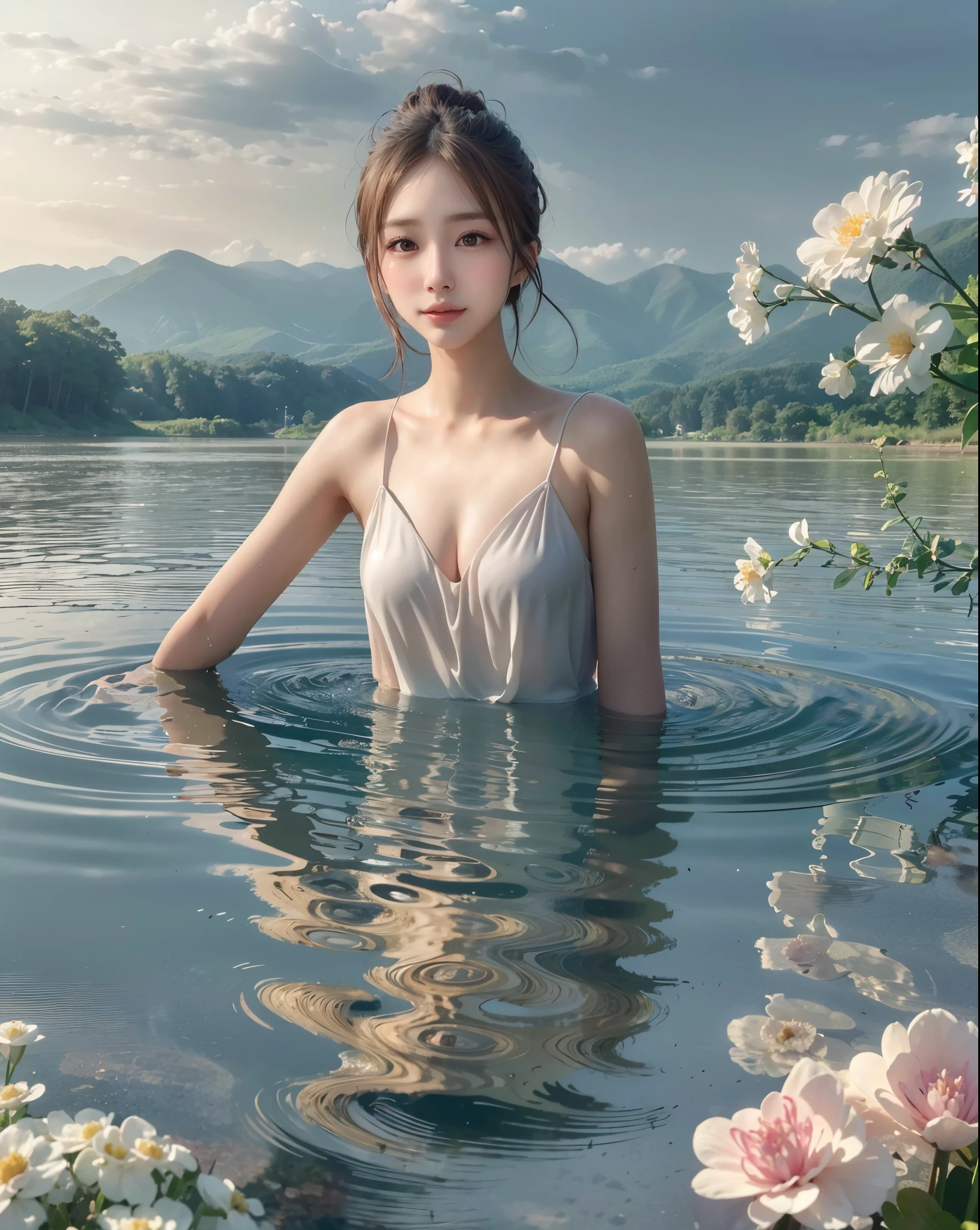 realistic pictures, Standing on the surface of the lake, Beautiful lake as far as the eye can see, ankle-deep water, The reflection on the lake reflects the scenery, one woman, 18-year-old, beauty, cute, wearing a swimsuit, bun hair,  (highest quality, highly detailed illustrations), (1 female:1.3, alone), (asian girl, super delicate face, Super delicious, super delicate eyes, highly detailed nose, highly detailed mouth, highly detailed facial features), (Medium chest:1.3), from the front, slender body:0.8, lip gloss, (smile:0.8)