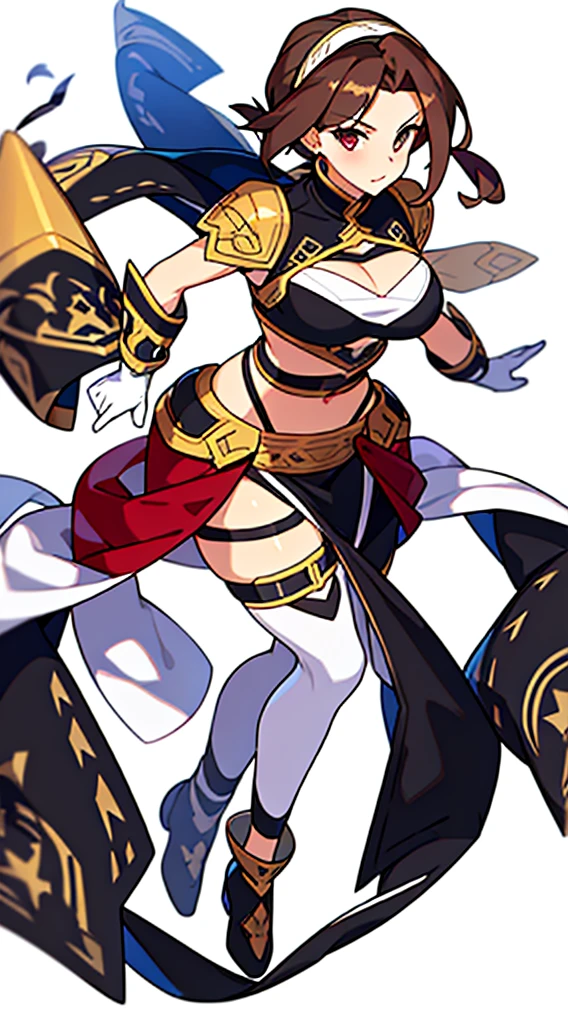 solo female, midriff, (((blurry background, white background))), character focus, fantasy clothes, standing, grove cuff, gloves, character design, cleavage,