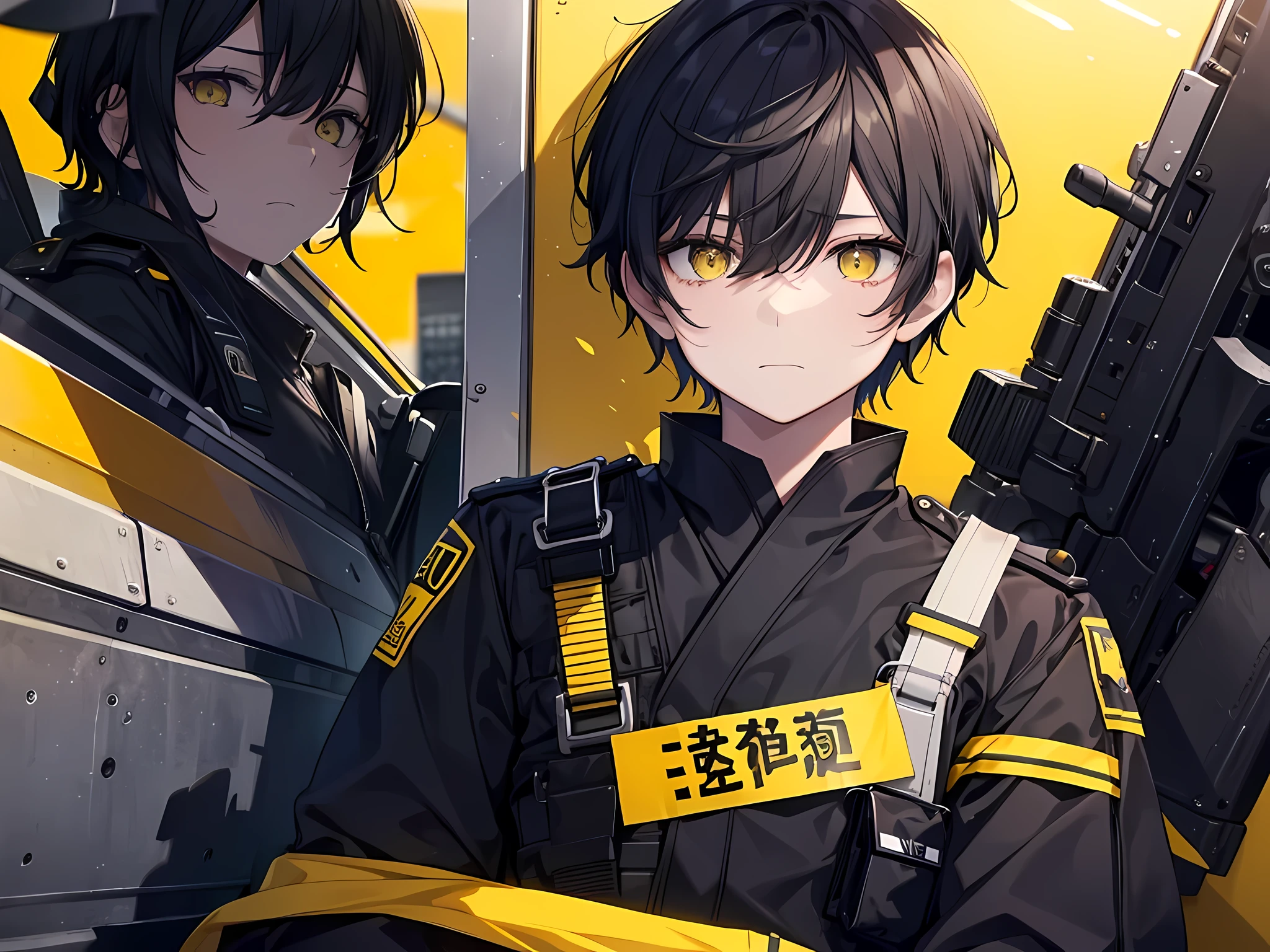 1 man, black short hair, yellow eye colors, wearing japan police uniform, exhausted face