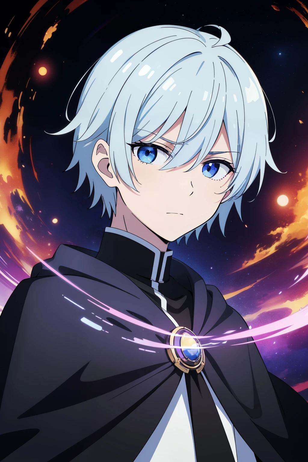 (high-quality, breathtaking),(expressive eyes, perfect face) 1male, male, solo, short height, young teenager age, short length hair, his hair color is a rainbow of pale blues yellows oranges and deep reds, unkept hair, pale blue eyes, serious expression, black cloak, white shirt, fantasy mage clothing, Pluto, Pluto Roman God of the Underworld, Pluto background, space background, portrait, upper body, magic