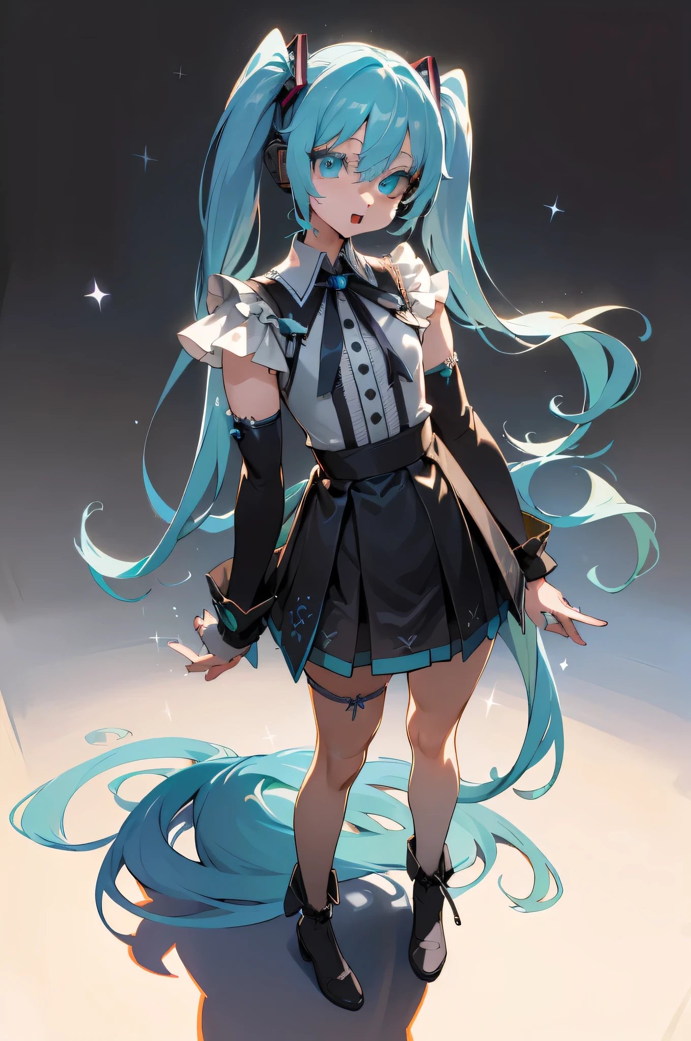 (((body art style))), (((1 girl))), (((dead, singing voice, Miku Hatsune dead))), (((long hair, double ponytail hair))), ((cyan eyes:1.3, upturned eyes: 1, perfect eyes, beautiful and delicate eyes, gradient eyes: 1, Exquisite and beautiful eyes: 1, symmetrical eyes: 1, There is a big bright spot in the eyes: 1.2)), (((有Light泽的皮肤: 1.5, bright skin: 1.5, White skin, 有Light泽的皮肤, Very 有Light泽的皮肤, shining body, 塑料闪Light皮肤, Exaggerated 有Light泽的皮肤, 发Light的皮肤))), (detailed body, (Detailed face)), young, (best quality), shirt, loose skirt, garter belt, , high resolution, sharp focus, super detailed, Very detailed, extremely high quality art, (actual, Photoactual: 1.37), 8k_wallpaper, (Very detailed CG 8k), (Very beautiful 8K CG), ((Hyper Super super detailed Perfect Piece)), (((perfect masterpiece))), illustration, bright colors, (complicated), high contrast, selective lighting, Double contact, human development report (high dynamic range), post processing, background blur, ink shadow, Darker shadows, dense shadow, High quality shadows, high detail, actual, Light, 侧Light, 镜头Light晕, Light线追踪, sharp focus,