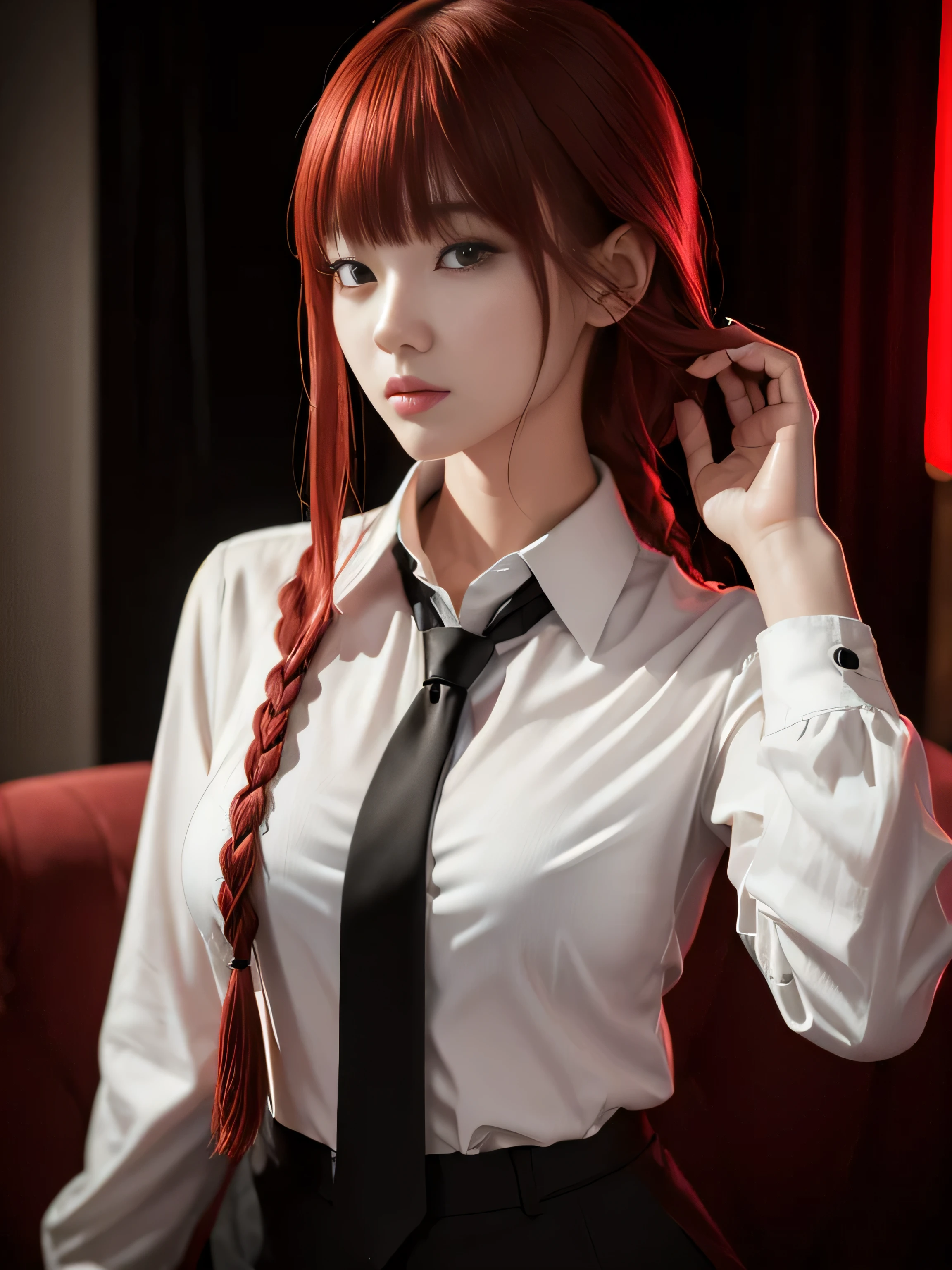 ((Masterpiece, high resolution:1.4)), Cinematic film still, korean idol,(medium shot), dynamic pose, (photography:1.1), (photorealistic:1.1), 1girl, japanese girl, beautiful model, beautiful face, perfect face, confident facial expression, pale skin, seductive look, indoor, ((detailed facial features)), (cold colors), damp, moist, dark mood, intricate details, shallow depth of field, (evil:1.2), looking at viewer, (interview:1.3), cinematic red light, (red light), night, photographed on a Canon EOS R5, 50mm lens, F/2.8, HDR, 8k resolution, (ulzzang-6500:0.5), (collared white shirt), (black necktie), uniform, black pants, (red hair)+(long braided hair)+(bangs), collared shirt, intricate, high detail, dramatic, polished, sharpened, ((full Sharp)), (extremely absurdres),16k hdr