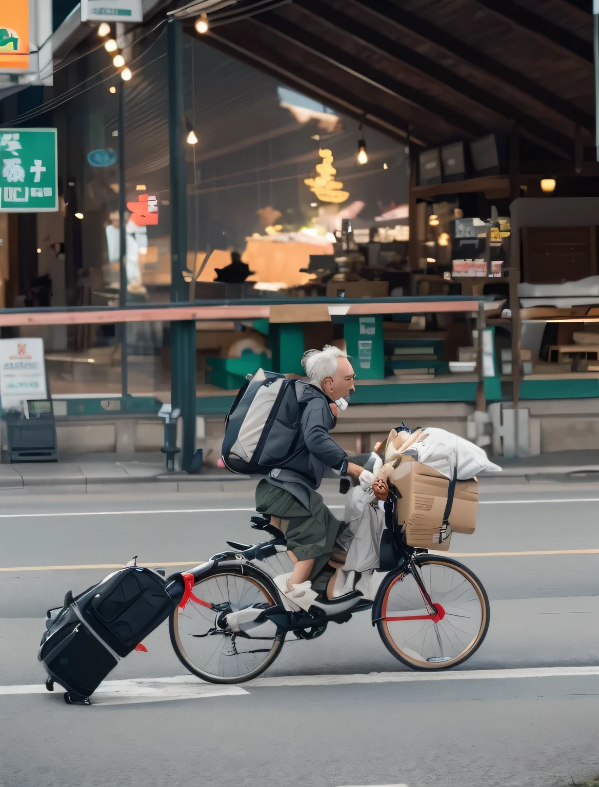 there is a man 骑bikes with a suitcase and a suitcase on the back, 🚿🗝📝, old man doing hard work, bikes, 骑bikes, loose, 9 quack, Really want to ride, Carrying a guitar on his back, child, The man has a backpack, low quality footage, 3 2 year old male, Competition wins