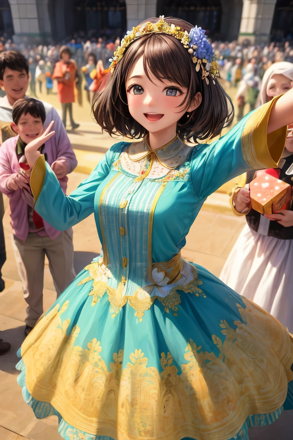 In this heartwarming 3D scene, a charming young girl with an irresistible aura is depicted as she stands amongst a circle of cheerful individuals. Clad in a long-sleeved dress, adorned with intricate floral patterns that dance along the hem, she exudes an aura of joy and generosity. Gifts in hand, she presents them to the crowd with a radiant smile gracing her delicate features. The surrounding people respond in kind, their faces beaming with delight and appreciation. The expressive style of this artwork masterfully captures the essence of the moment, invoking feelings of warmth and togetherness.