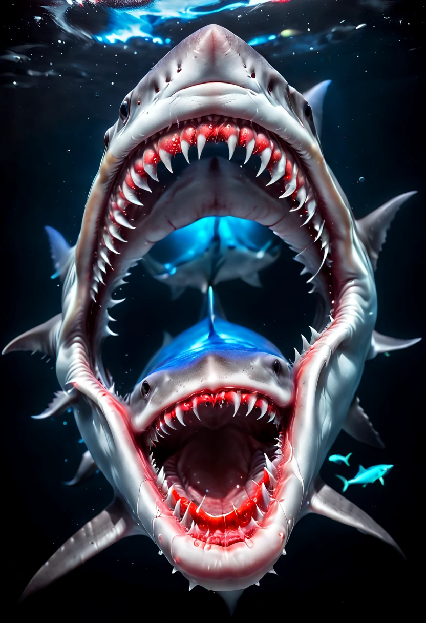Capture the ethereal dance of light and shadow in a stunning monochromatic photograph with selective color details of bloody mouth Shark, revealing the hidden poetry of Bioluminescence, (realistic, photorealistic, RAWphoto:1.4), octane render, intricate, (by Miki Asai), (best quality, masterpiece, Representative work, official art, Professional, 8k wallpaper:1.3)