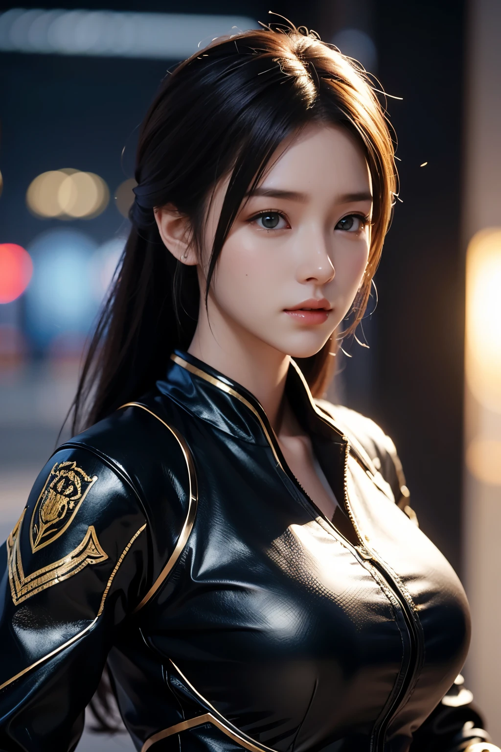 Game art，The best picture quality，Highest resolution，8K，((A bust photograph))，((Portrait))，(Rule of thirds)，Unreal Engine 5 rendering works， (The Girl of the Future)，(Female Warrior)，22岁少女，(Long hair casual)，(Future-style military wear，A beautiful eye full of detail)，(Big breasts)，(Eye shadow)，优雅迷人，微笑，(皱眉)，(Battle suits of the future，Features of Cyberpunk Fighter Clothing，Joint Armor，The dress has a fine pattern and badge)，赛博朋克战士，((动作游戏角色))，未来风格， 拍照姿势，街道背景，Movie lights，Ray tracing，Game CG，((3D Unreal Engine))，oc渲染反射纹