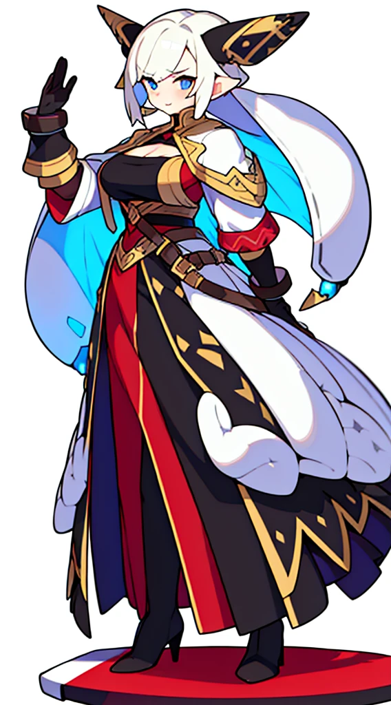 solo female, claok, (((blurry background, white background))), character focus, fantasy clothes, standing, grove cuff, gloves, character design, cleavage,
