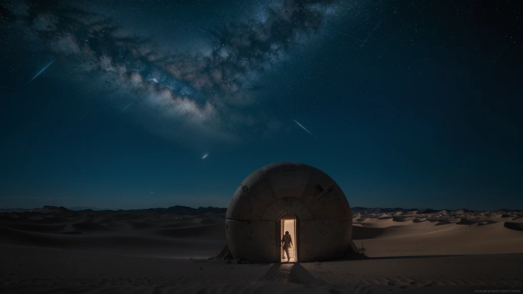 Un ser observando un portal extraterrestre muy detallado e iluminado con una luz misteriosa verdosa en medio del desierto nocturno con el cielo de estrellas, Sci-fi setting, muy realista apariencia, Photographic.