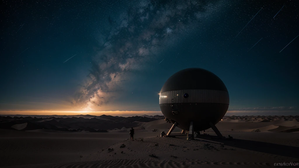 Un ser observando un portal extraterrestre muy detallado e iluminado con una luz misteriosa verdosa en medio del desierto nocturno con el cielo de estrellas, Sci-fi setting, muy realista apariencia, Photographic.