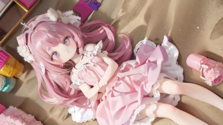 Lolita, Lovely, 1 girl, alone, whole body, beach,Pink skirt, ridiculous, white lace, high resolution, Super detailed, most detailed,nude,barefoot