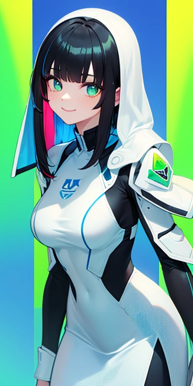 (black hair,colorful fluorescence multicolored hair:1.5,straight hair:1.5), (masterpiece, sidelights, exquisite beautiful eyes: 1.5), masterpiece*portrait, realistic, ((Colorful background of different colors:1.5)),(Gentle face:1.5),colorful,3D face,(cute face),front view: 1.6、 (glowing green eyes:1.2),(tareme:1.5)、(cute smile:1.5),,Slim Body, shiny hair, shiny skin: 1.5、medium breasts,、solo,(stand)、(protective clothing:1.5)、(charactor focus:1.5、portlate、eye focus,cowboy shot)、bright atmosphere,intricatedetails