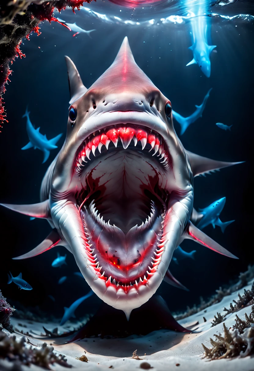 Capture the ethereal dance of light and shadow in a stunning monochromatic photograph with selective color details of bloody tooth Shark, revealing the hidden poetry of Bioluminescence, (realistic, photorealistic, RAWphoto:1.4), octane render, intricate, (by Miki Asai), (best quality, masterpiece, Representative work, official art, Professional, 8k wallpaper:1.3)