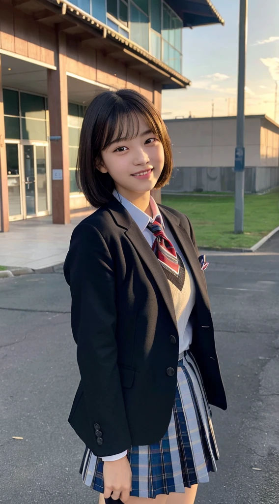 (highest quality,8K quality,masterpiece:1.3),(Super high resolution,Photoreal:1.4,Raw photo),(super detailed,caustics,detailed background),(ultra-realistic capture,Beautifully detailed skin,perfect anatomy),at dusk,sunset sky,school building,schoolyard,18-year-old,cute,single eyelid,black short bob,School Blazer Uniform,look at the camera,laughter,bust up shot,natural soft light