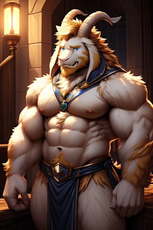 Undertale, solo ((Asgore Dreemurr))) with ((neck tuft)) and ((fluffy tail) and ((light navy blue eyes)), (detailed white goat x Asriel Dreemurr), (detailed lighting), ((detailed fluffy skin)), bara, massive body, (small goat tail), black horns color, ((full portrait)), uploaded to e621, [NSWF, adult content], big floppy ears, (NJfurry style Lora), (looking at viewer), big squishy male pecs，getting badly hurt，a painful expression，loincloth，panting