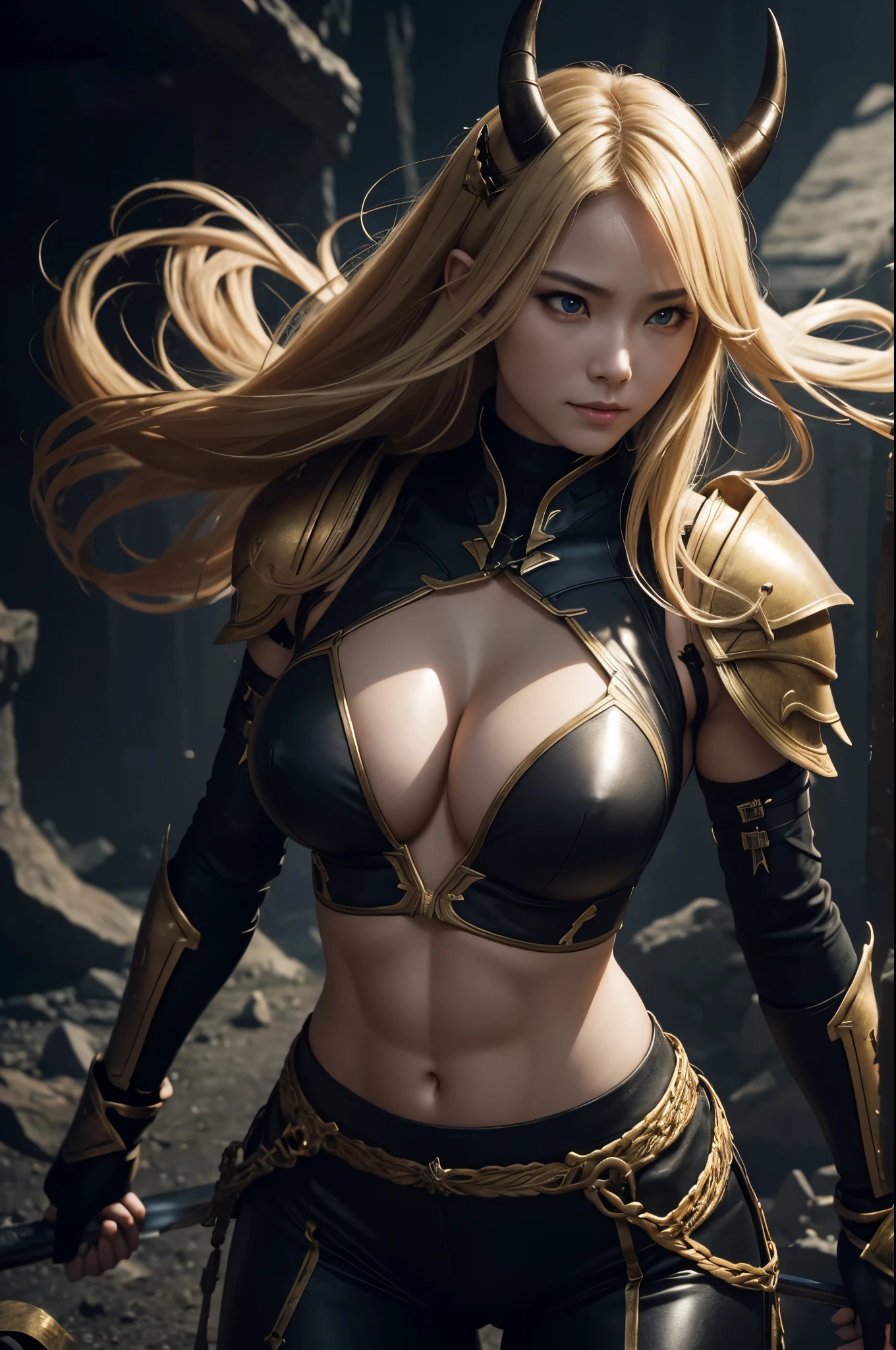 8K,looking down from above描写,Beautiful mature female demon, 3 horns, Cruel smile, black skin, sexyな黒の胸鎧, big golden eyes, Seduce me, underworld earth background, (masterpiece), (realistic:1.4), born, highest quality, ultra high resolution, rich colors, Backlight, cinematic lighting, film grain, born, 50mm lens, Nikon D850, warm colors,super realistic skin,inside a dark dungeon,looking down from above描写,One-length hair,Ghost Girl,has a long and large battle ax,battle scene,action scene,action pose,luxurious black shoulder armor,gorgeous black gauntlets,trained body,Violent and strongly cracked abdominal muscles,very big breasts,looking down from above,sexy,gorgeous gold and black pants,blonde,battle scene,action pose,