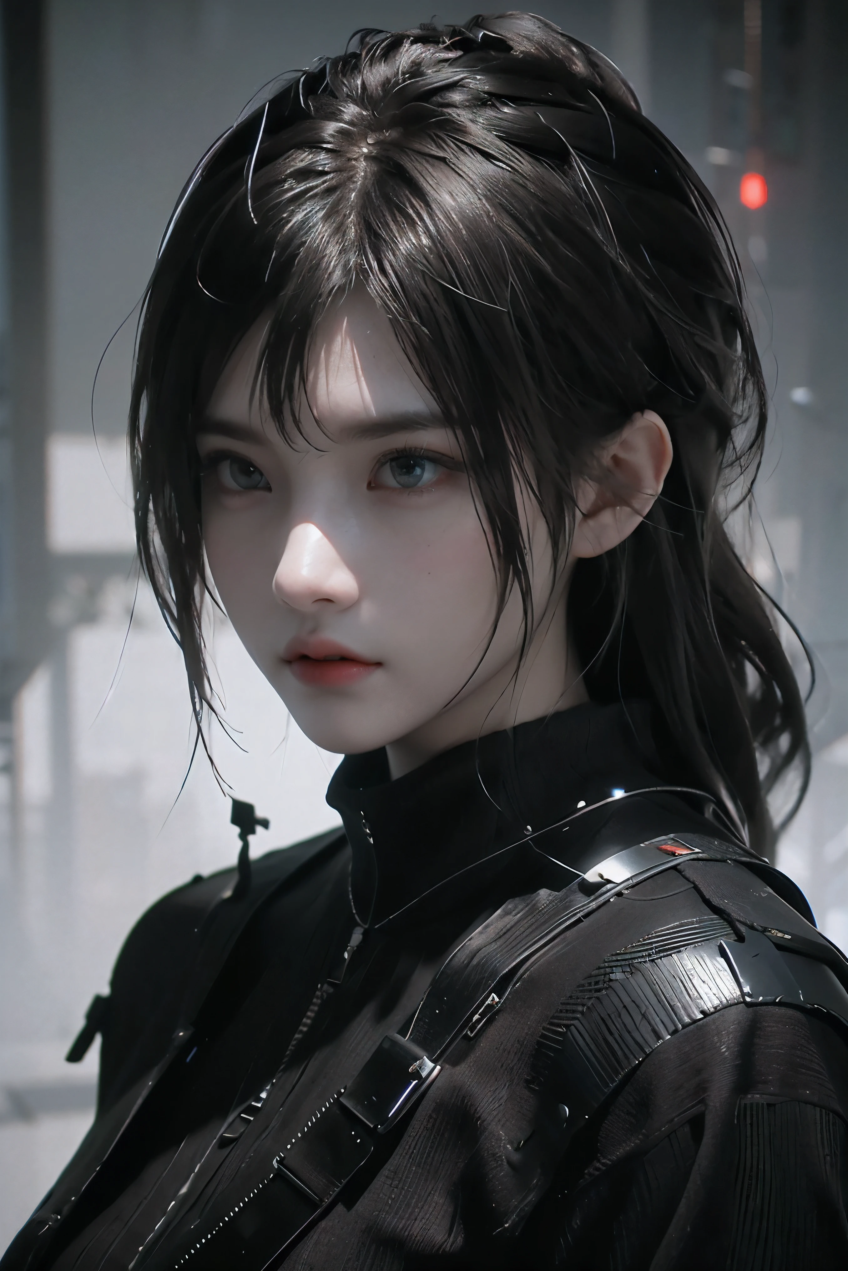 game art,best picture quality,highest resolution,8k,((A half-length photo)),((portrait)),(rule of thirds),Unreal Engine 5 rendering works, (future girl),(female warrior),22-year-old girl,(long hair casual),(futuristic style军装,Beautiful eyes full of details),(big breasts),(eye shadow),Elegant and charming,Smile,(frown),(Clothes full of futuristic sci-fi style,sweater,Exquisite pattern,sparkling jewelry,armor,white and red),cyberpunk characters,futuristic style, photo poses,street background,movie light,Ray tracing,Game CG,((3d unreal engine)),OC rendering reflection pattern