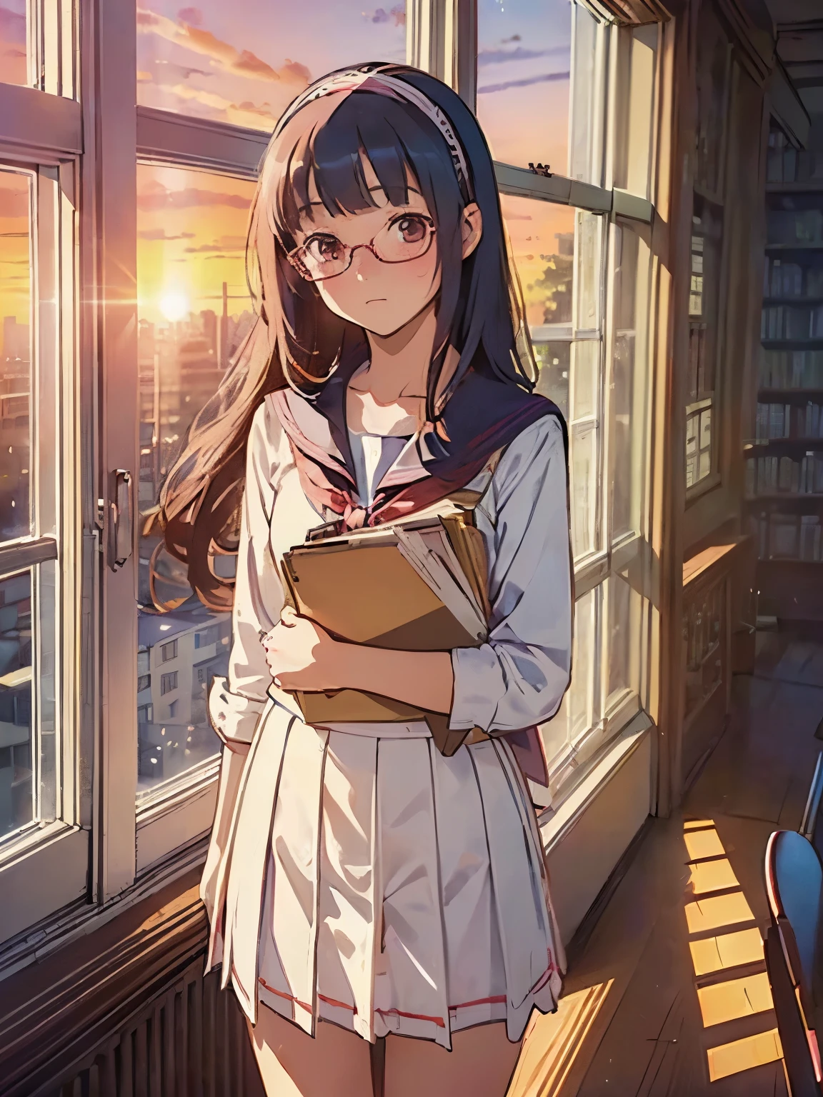 (((masterpiece))) ((( background : romantic theme : students : in library : window showing sunset ))) ((( character : Kanna : fit body : long smart hair : hairband : model student : nerd : wearing glasses : summer school uniform : standing : surprise Expression : blush)))