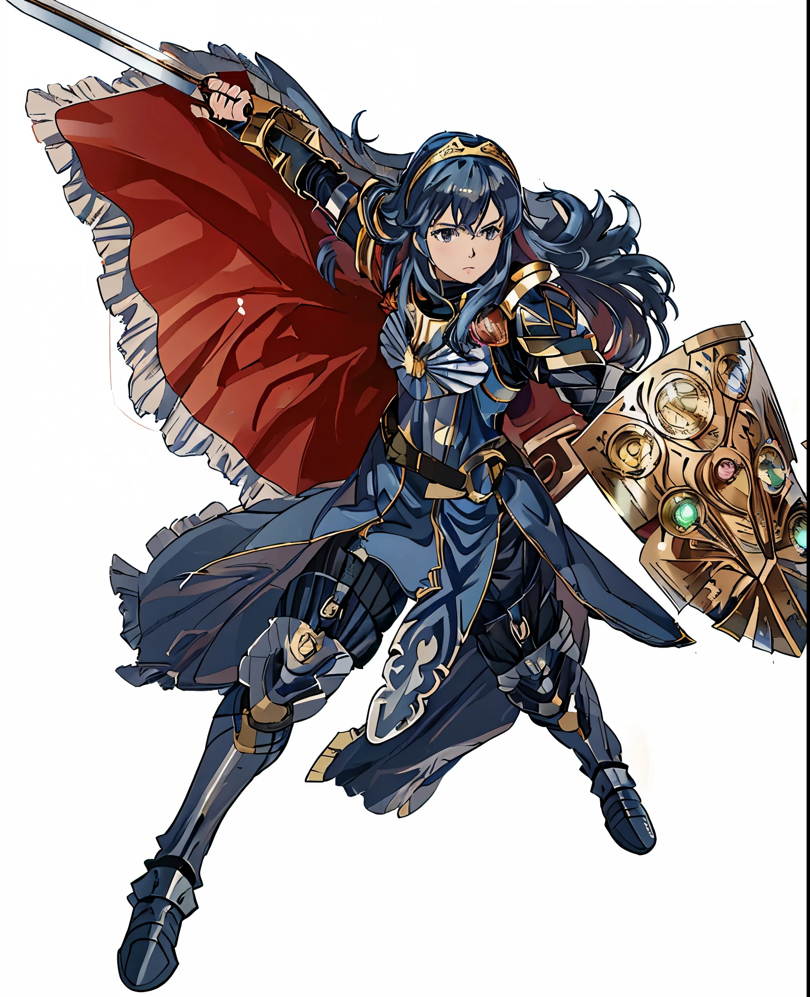 masterpiece, best quality, brvLucy, tiara, cape, full armor, breastplate, gauntlets, armored legwear, standing, grey sky, shield, holding shield, looking at viewer, holding sword