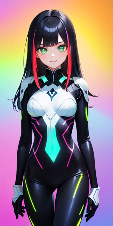 (black hair,colorful fluorescence multicolored hair:1.5,straight hair:1.5), (masterpiece, sidelights, exquisite beautiful eyes: 1.5), masterpiece*portrait, realistic, ((Colorful background of different colors:1.5)),(Gentle face:1.5),colorful,3D face,(cute face),front view: 1.6、 (glowing green eyes:1.2),(tareme:1.5)、(cute smile:1.5),,Slim Body, shiny hair, shiny skin: 1.5、medium breasts,、solo,(stand)、(HEV suit:1.5)、(charactor focus:1.5、portlate、eye focus,cowboy shot)、bright atmosphere,intricatedetails