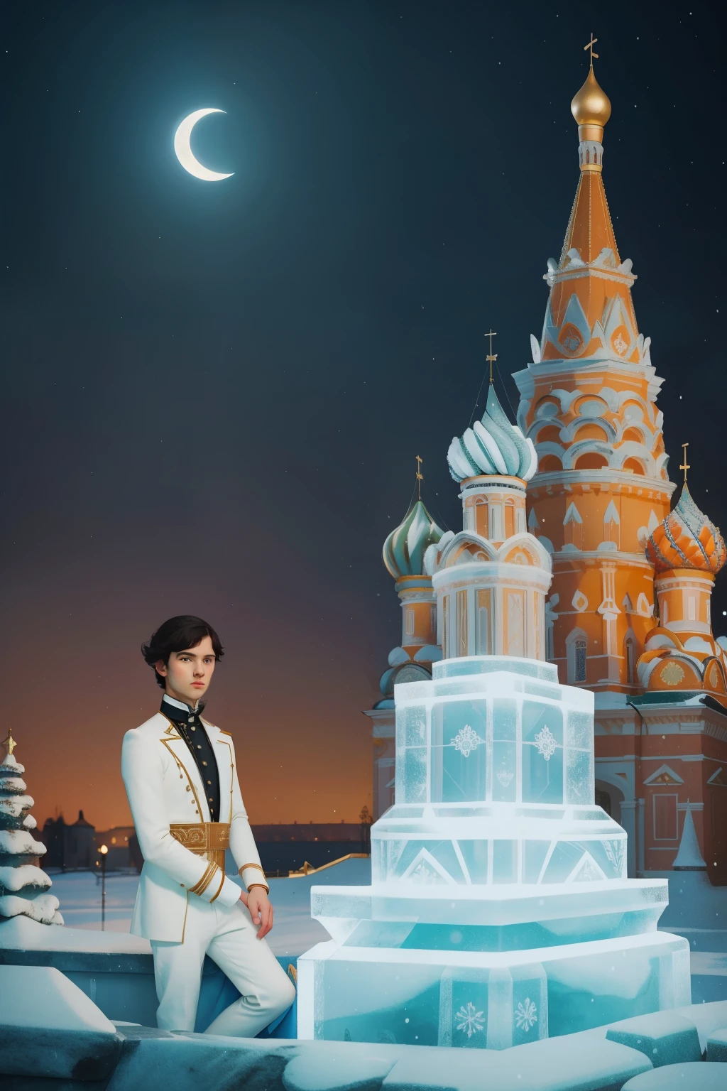 1800s Russian Winter Palace Ice Sculpture Gala (Location: St. Petersburg)
Character: A young aristocratic boy, in the lavish attire of the 1800s, with raven-black hair, attends an ice sculpture gala within the Winter Palace in St. Petersburg. The intricately carved sculptures glisten in the moonlight as the boy marvels at the frozen masterpieces. Wes Anderson's palace palette captures the grandeur of imperial Russia.