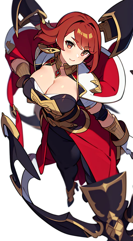 solo female, claok, (((blurry background, white background))), character focus, fantasy clothes, standing, grove cuff, gloves, character design, cleavage, brown clothes,