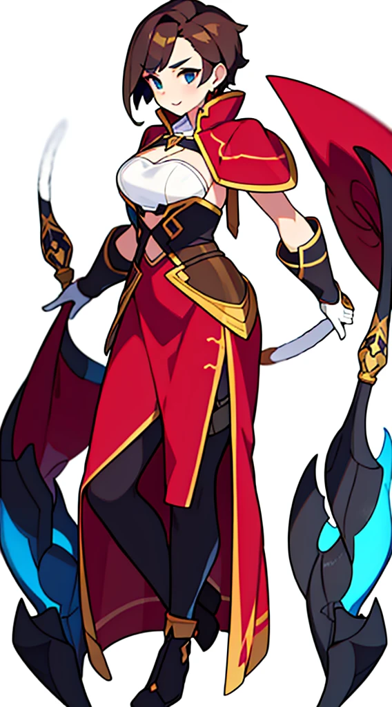 solo female, claok, (((blurry background, white background))), character focus, fantasy clothes, standing, grove cuff, gloves, character design, cleavage, brown clothes,