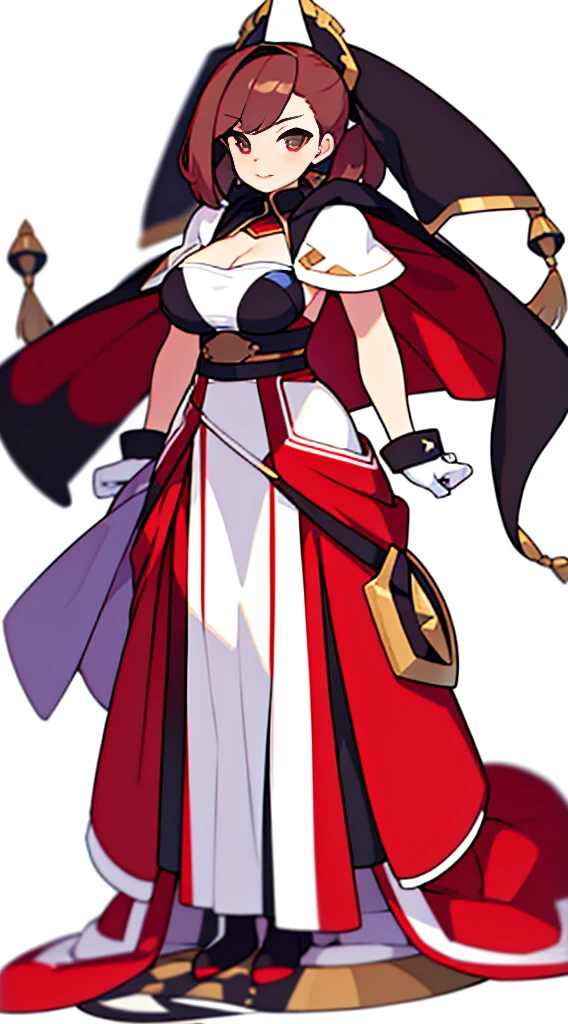 solo female, claok, (((blurry background, white background))), character focus, fantasy clothes, standing, grove cuff, gloves, character design, cleavage, brown clothes,