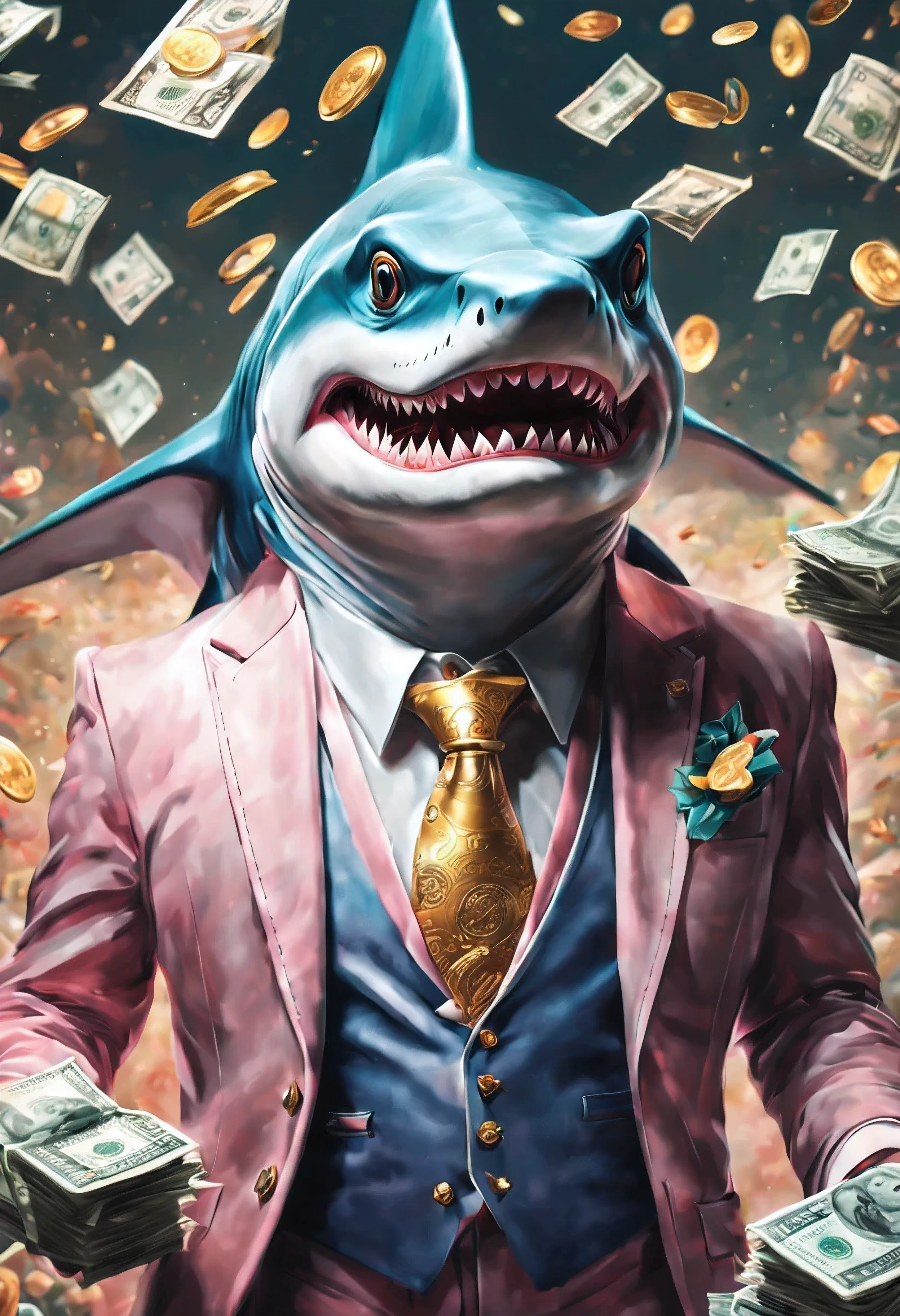 (((intricate detail:1.4))), (((extremely insane detail:1.4))),(((highest quality:1.3))), (((Soft colors 4k highly detailed digital art:1.3))). | a greedy shark wearing loan shark business suit, counting money while laughing. The composition showcases the shark greed and love for money, as it immerses itself in heap of cash. The use of vibrant colors and intricate details adds depth and visual interest to the artwork, evoking a sense of awe toward wealth. Created by renowned digital artist James Gurney