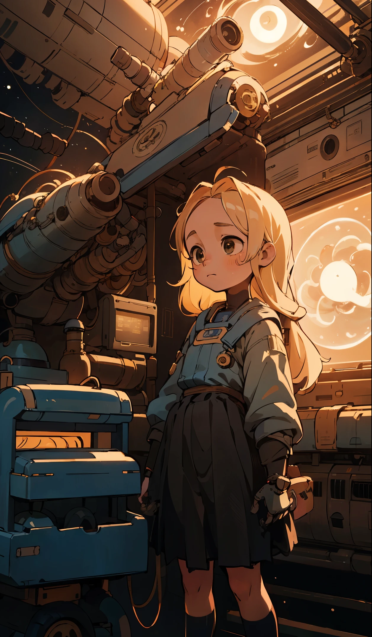 perfect picture,,{Chiquita}{meek,primary school student}{space station,State-of-the-art}{the mystery of the machine}{delicate mechanical girl}, old girl,4K quality, cinematic,,{child},{small body and chest,,,,,,,} long hair,blonde,cute,