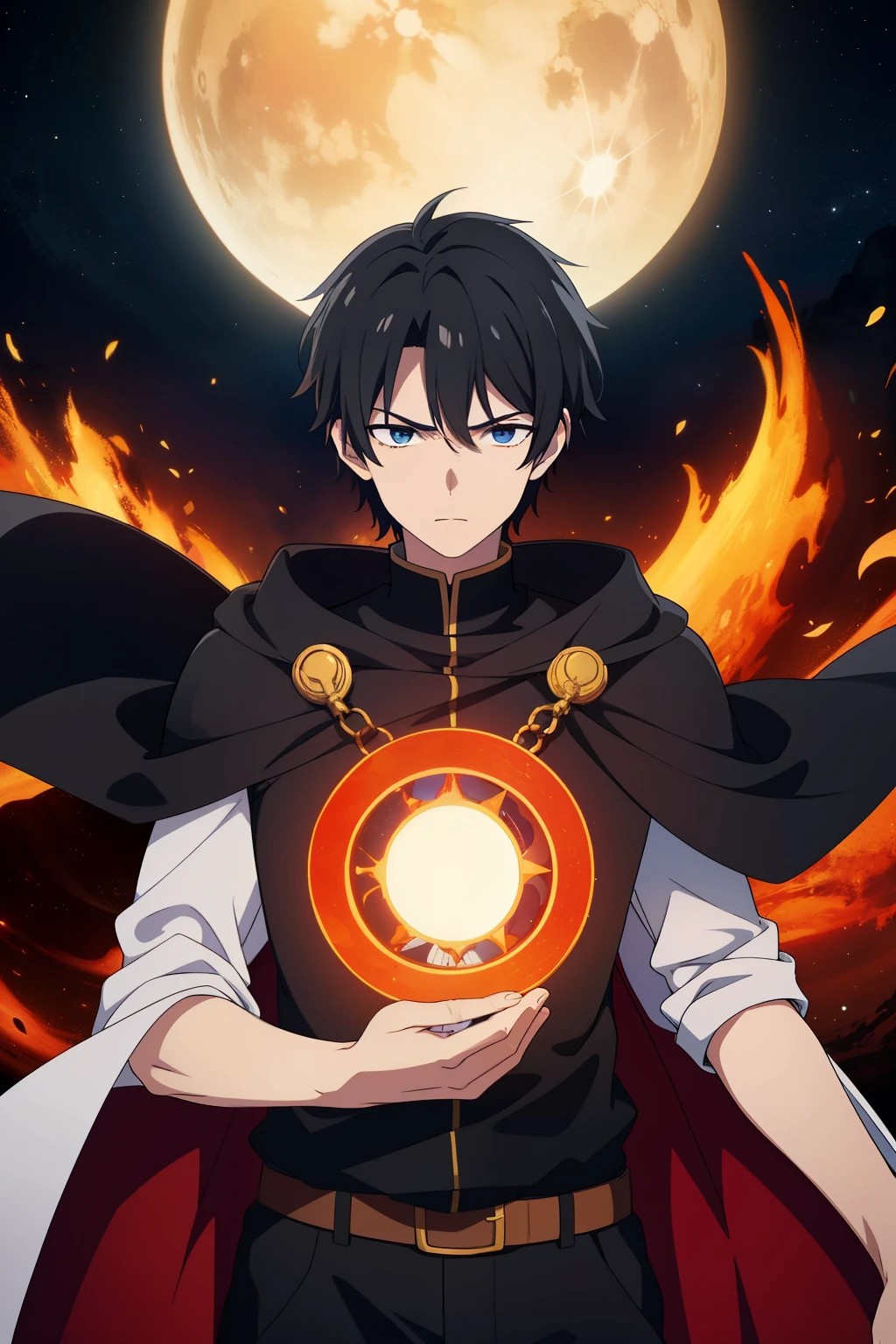 (high-quality, breathtaking),(expressive eyes, perfect face) 1male, male, solo, short height, , short length hair, red and black hair, unkept hair, pale blue eyes, serious expression, black cloak, white shirt, fantasy mage clothing, Pluto, Pluto Roman God of the Underworld, Pluto background, space background, portrait, upper body, magic, rainbow of pale blues yellows oranges and deep reds