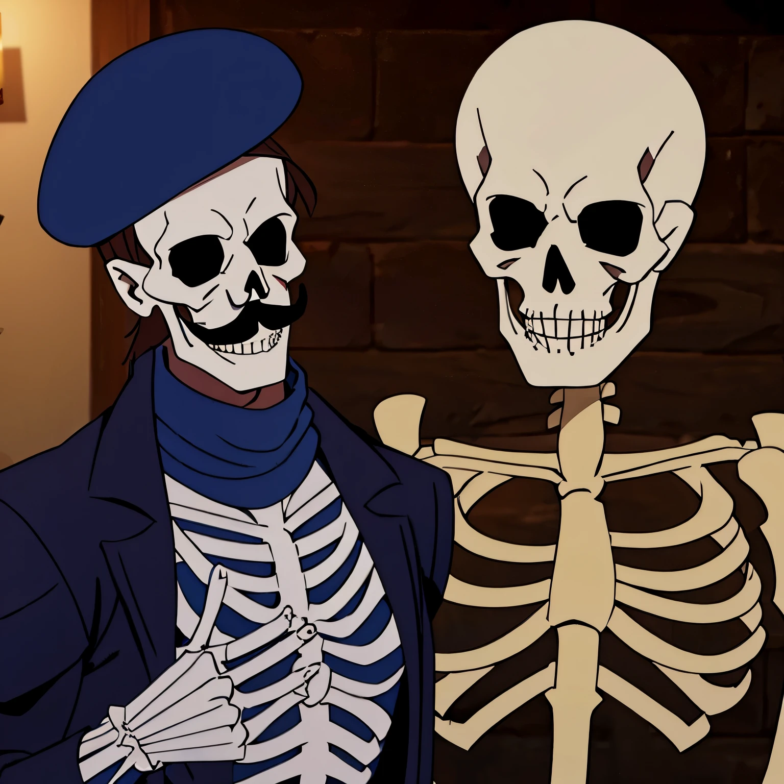 A French skeleton,wearing a beret and with a French mustache