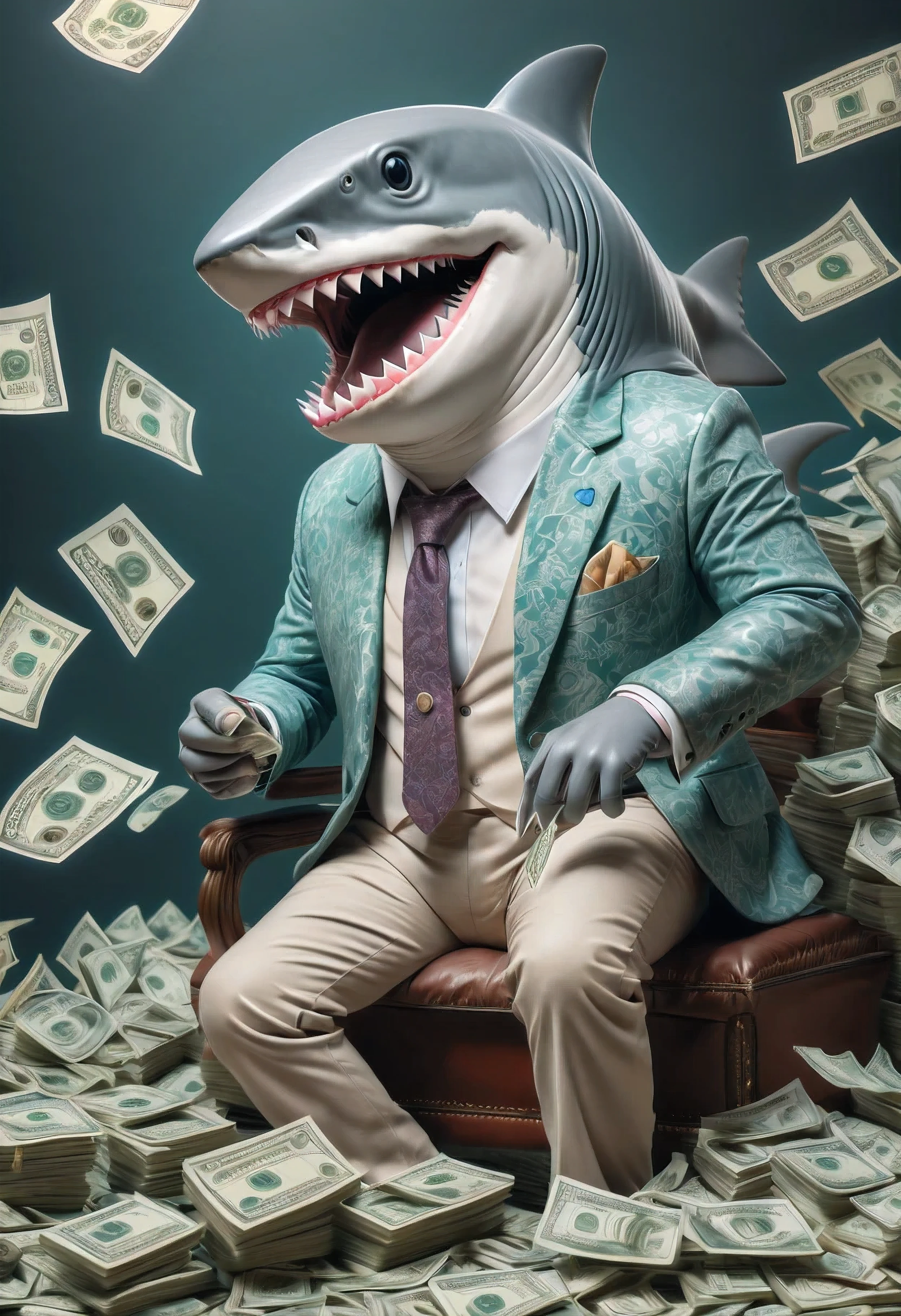 (((intricate detail:1.4))), (((extremely insane detail:1.4))),(((highest quality:1.3))), (((Soft colors 4k highly detailed digital art:1.3))). |an anthropomorphic shark that work as loan shark, wearing loan shark business suit, sitting at its offfice, pile of cash, money portrait.