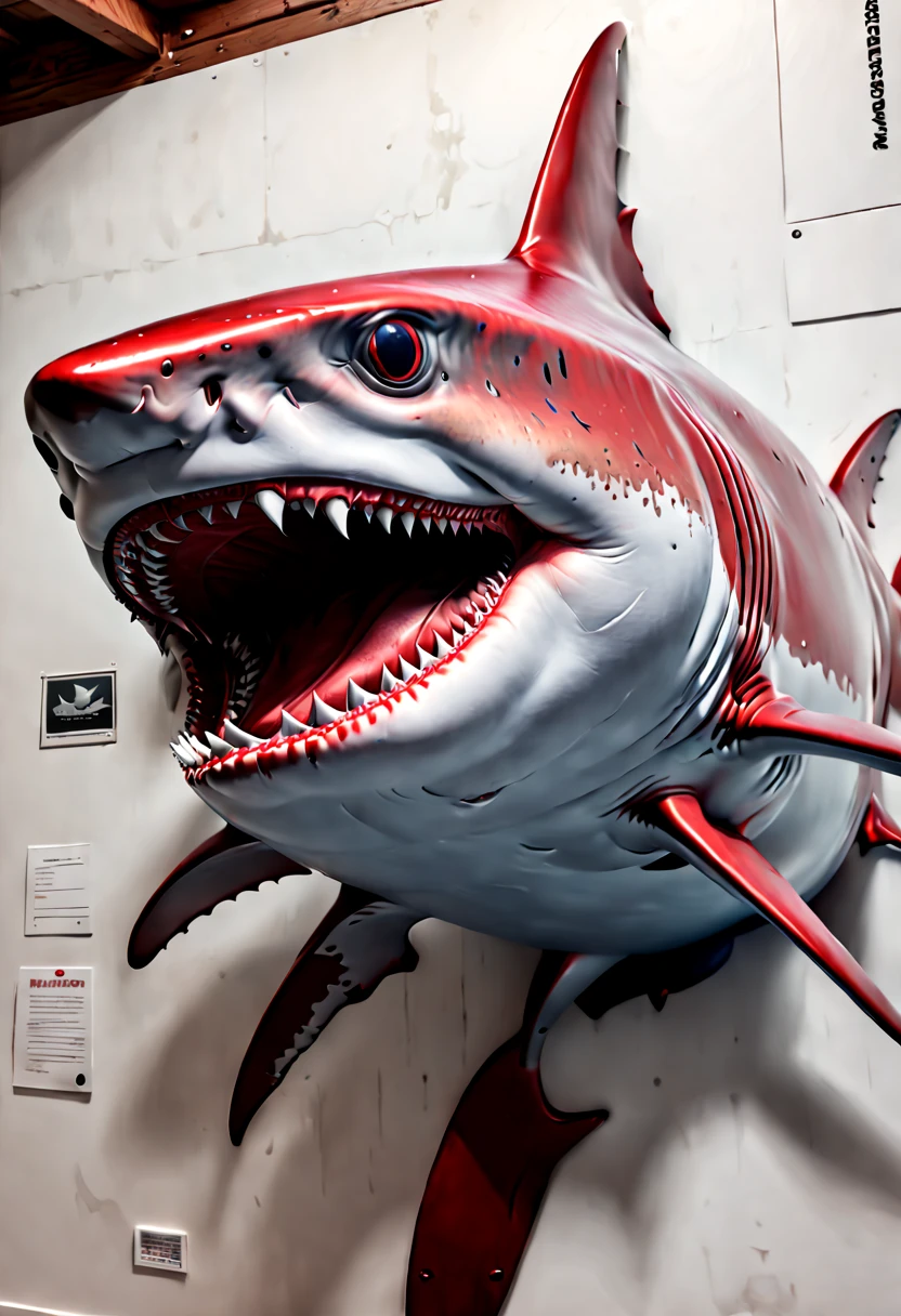 9 postcard wall, red Shark, (realistic, photorealistic, RAWphoto:1.4), octane render, intricate, (best quality, masterpiece, Representative work, official art, Professional, 8k:1.3)