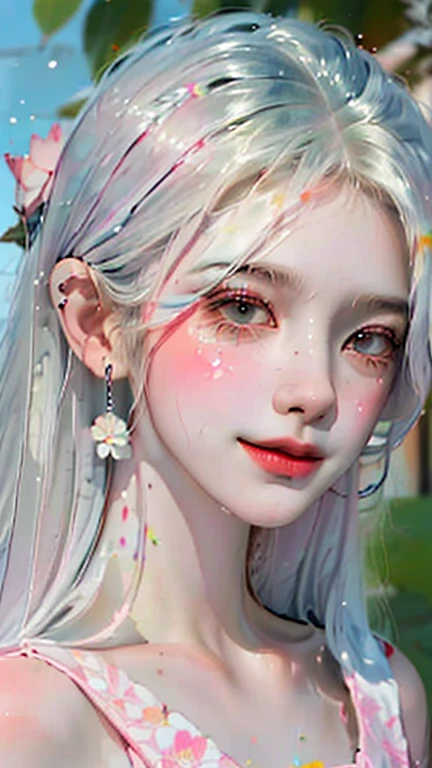 (masterpiece, highest quality, High resolution), Lotus background, ((paint splatters, splash of color, Ink splashes, splash of color)), ((sweet girl, white hair)), pink lips, front, Upper body,Lotus in the background, Lotus flower in water,smile、beautiful