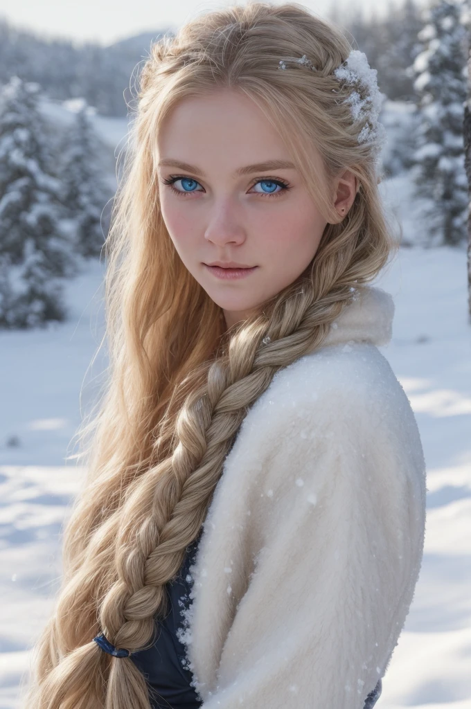 (realistic:1.2), analog photography style, scandinavian warrior woman, wonderful snow scene, braided blond hair, whole body, soft natural light, cute and sexy, joy, detailed face and blue eyes, 素晴らしいquality, masterpiece, detailed northern background, quality: 16k, RAW photo