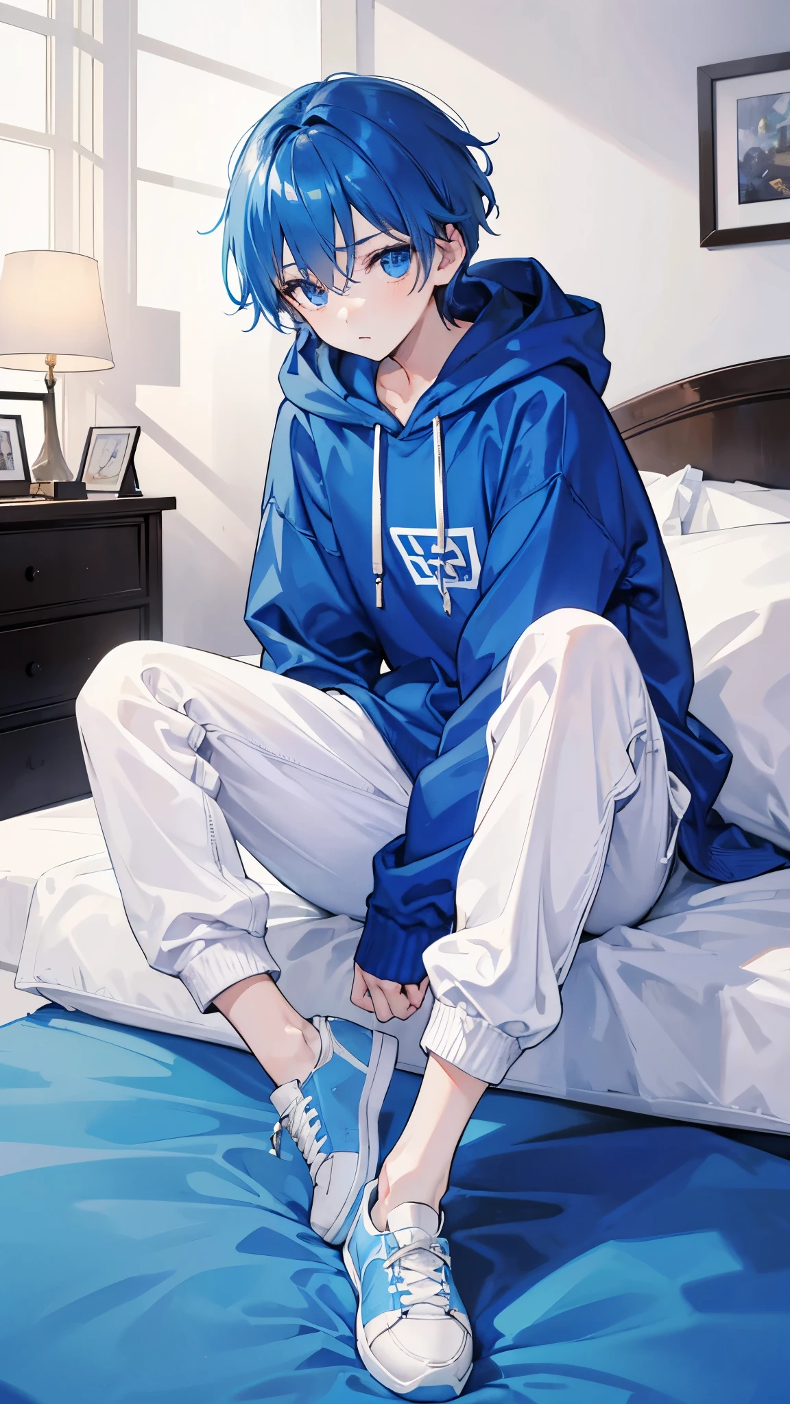 best quality,1 boy,young,Have beautiful and delicate eyes,Wearing a blue hooded sweatshirt,Wearing white casual pants,wearing sneakers,medium short hair,Broken bangs,Sitting on the bed,bedroom background