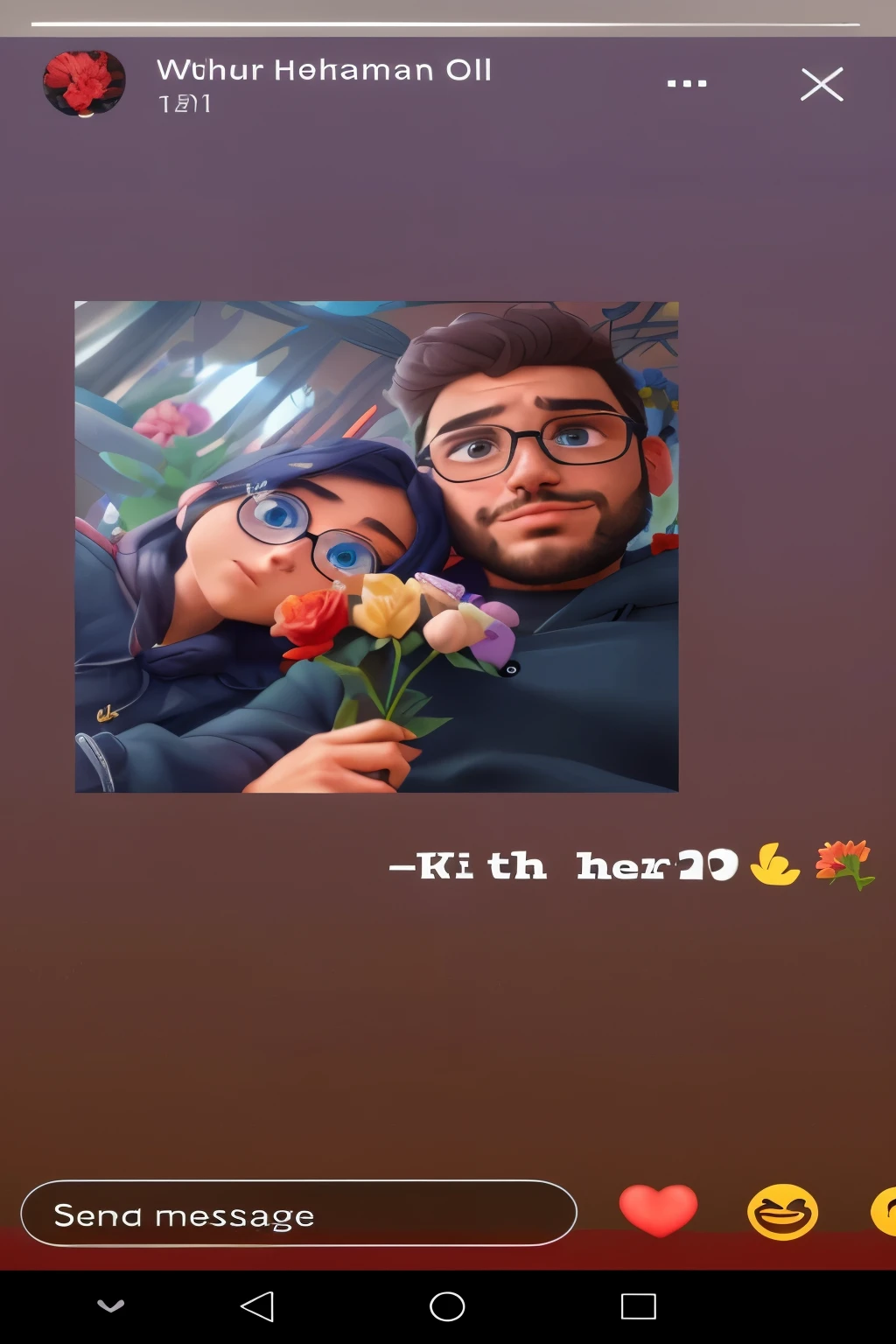 a close up of a person holding a flower and a picture of a man, with flowers, with instagram filters, with two characters, wearing a hoodie and flowers, instagram story, h3h3, instagram filter, 😭🤮 💔, in love selfie, with infinity, artwork in the style of guweiz, profile pic, hero 2 d fanart artsation