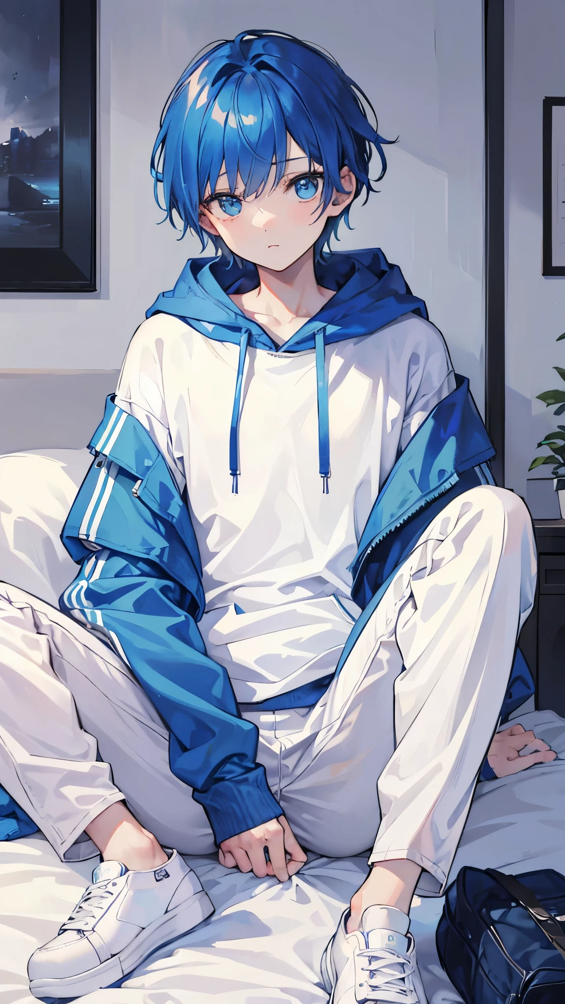 best quality，1 boy，young，Have beautiful and delicate eyes，Wearing a blue hooded sweatshirt，Wearing white casual pants，wearing sneakers，short hair，Broken bangs，Sitting on the bed，bedroom background