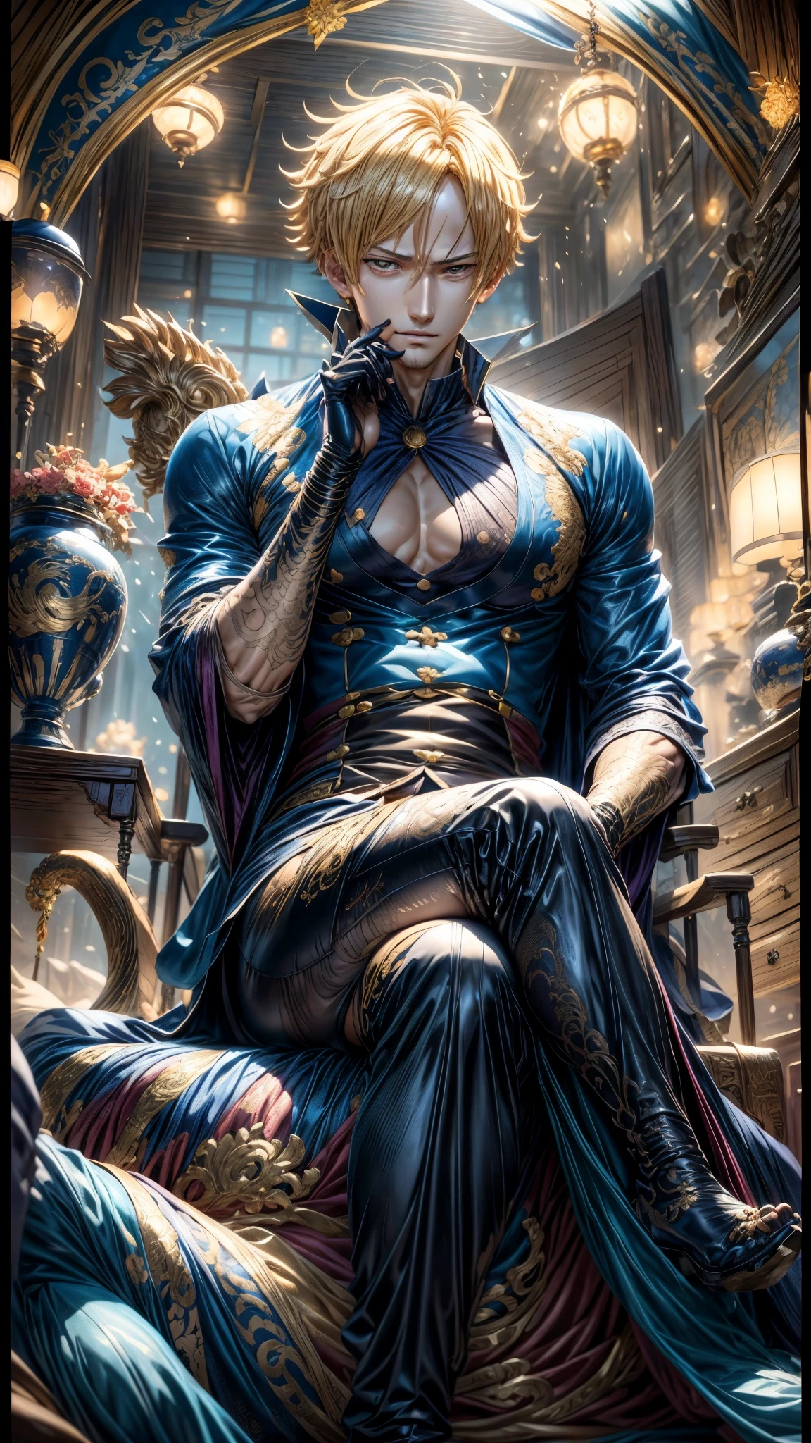 anime character sanji one piece sitting on a throne with a dragon on his lap, kentaro miura manga art style, handsome guy in demon slayer art, handsome anime pose, anime wallaper, highly detailed exquisite fanart, shigenori soejima illustration, high quality fanart, high quality anime artstyle, clean detailed anime art, inspired by Ib Eisner, amazing wallpaper