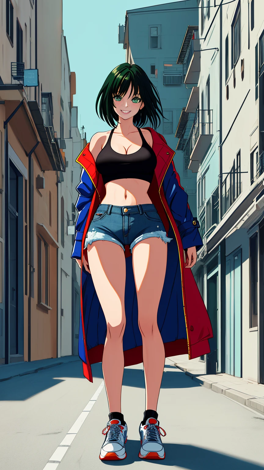 (masterpiece,best quality,ultra detailed),anime digital artwork,HD,neoartcore,highres,hyper anime art,smooth shading,refined details,high-quality rendering,expressive eyes,detailed and beautiful eyes,perfect anatomy,perfect face,beautiful,solo,((fubuki OPM)),green eyes,short hair,bob hair,(black hair),large round breasts,(wearing white tanktop and black denim shorts),(cleavage),(midriff),(red and blue plaid coat),(sneakers),stylish and fashionable,smile,happy expression,natural lighting,daytime,summer,dynamic pose,full body in frame,outdoor background,in the street,modern buildings,fine detailed background,modern city background