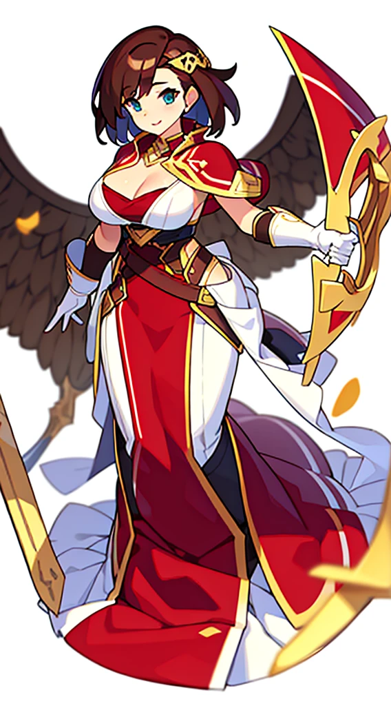solo female, claok, (((blurry background, white background))), character focus, fantasy clothes, standing, grove cuff, gloves, character design, cleavage, brown clothes, peddler,