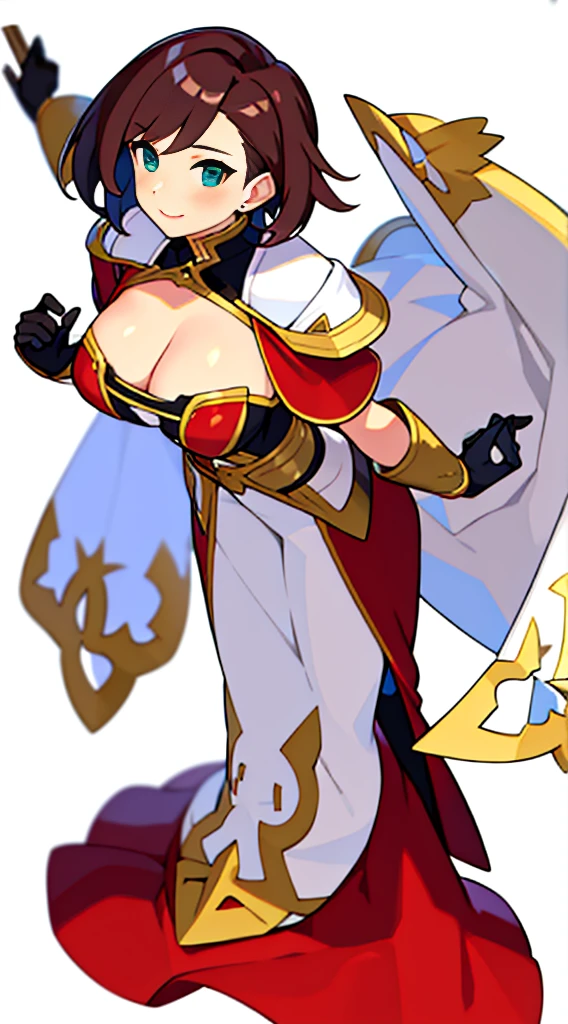 solo female, claok, (((blurry background, white background))), character focus, fantasy clothes, standing, grove cuff, gloves, character design, cleavage, brown clothes, peddler,