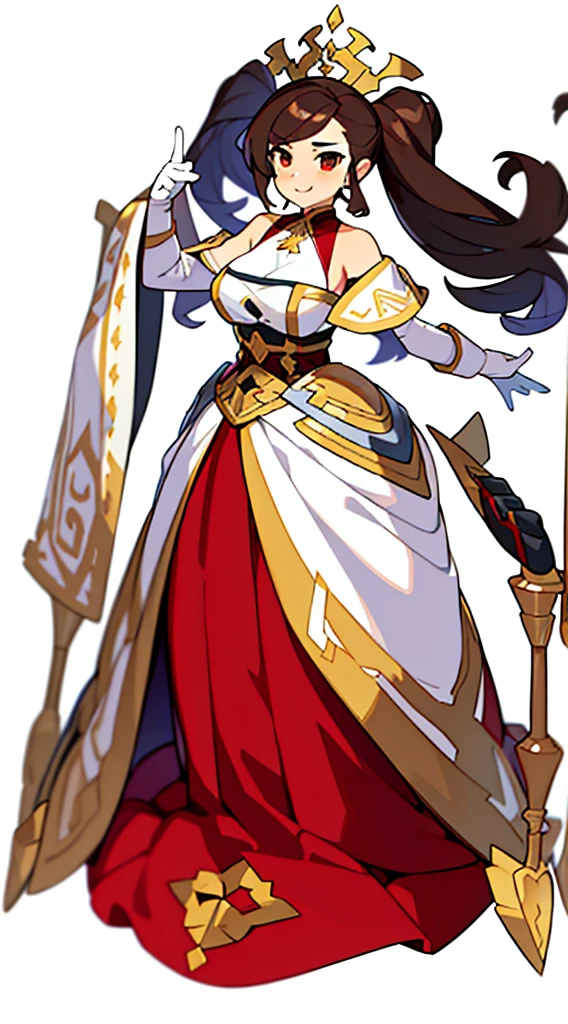 solo female, claok, (((blurry background, white background))), character focus, fantasy clothes, standing, grove cuff, gloves, character design, cleavage, brown clothes, peddler,