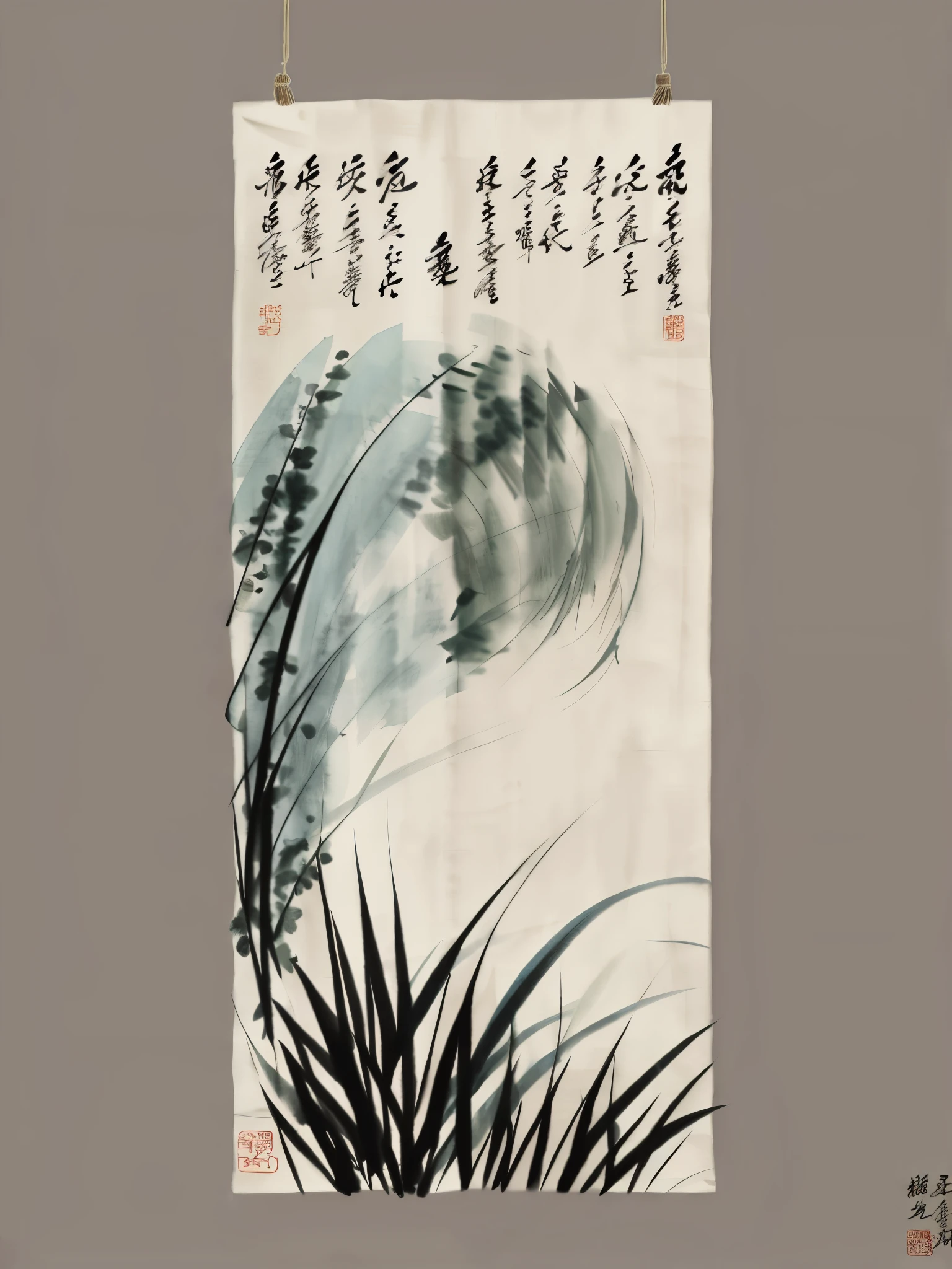 Calligraphy, Inspired by Tang Yin, Inspired by Song Huizong, inspired by Wu Daozi, scroll hanging on wall, Inspired by Zhang Shunzi, inspired by Fu Baoshi, Chinese style, Chinese Arts, qi baishi style, Inspired by Shen Shichong, Chinese painting,solid color background