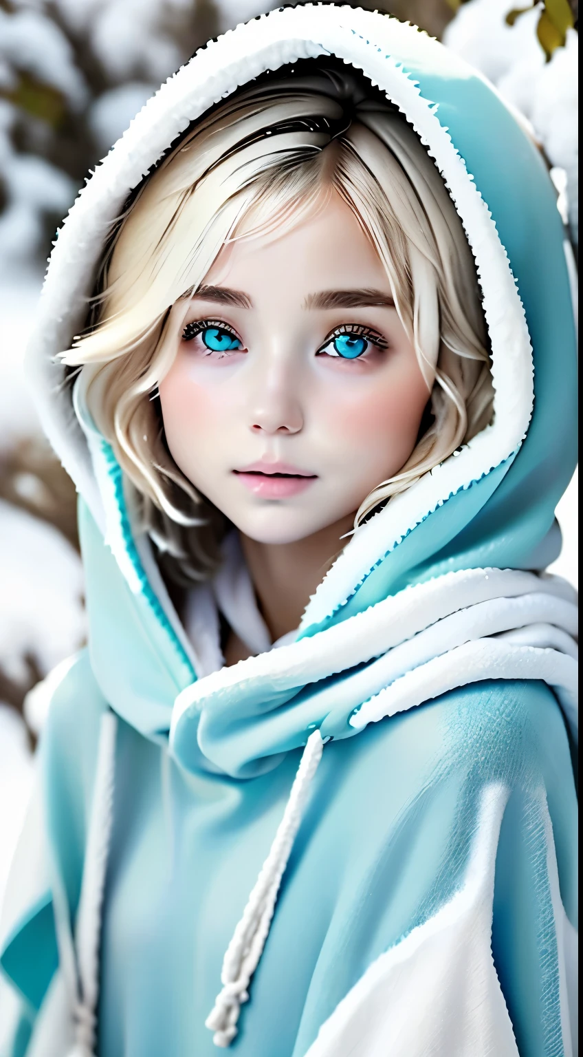 outdoor:1.5、winter、snow、White World、Frozen World、White world、one girl、24 only、perfect anatomy、correct human body、ash blonde、layered haircut、short wavy hair、Woman with cute face、turquoise eyes、Perfect good looks、Natural color poncho style hoodie、wearing a hood、silence、outdoor、white wall、rhyme、White world、blurred background、natural soft light、born、Photoreal、最high quality、high quality、High level image quality、