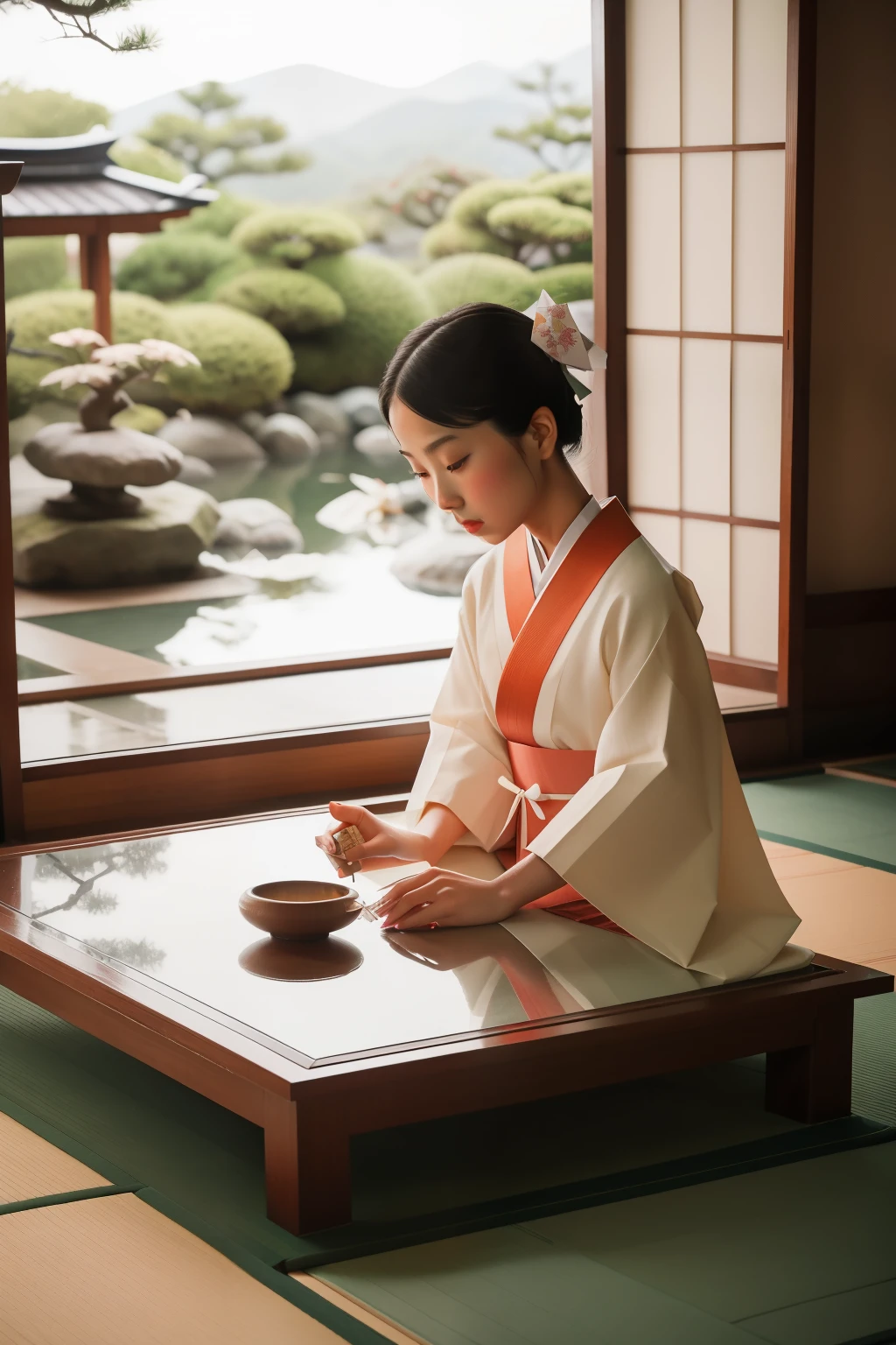 1930s Japanese Zen Garden Origami Tea Ceremony (Location: Kyoto)
Character: A Japanese girl, in her tweens, with a traditional kimono adorned with origami cranes, participates in a serene tea ceremony in a Zen garden in Kyoto during the 1930s. The delicate folds of paper and floral arrangement create an atmosphere of refined simplicity. Wes Anderson's Kyoto palette adds a touch of magical tranquility to the scene.