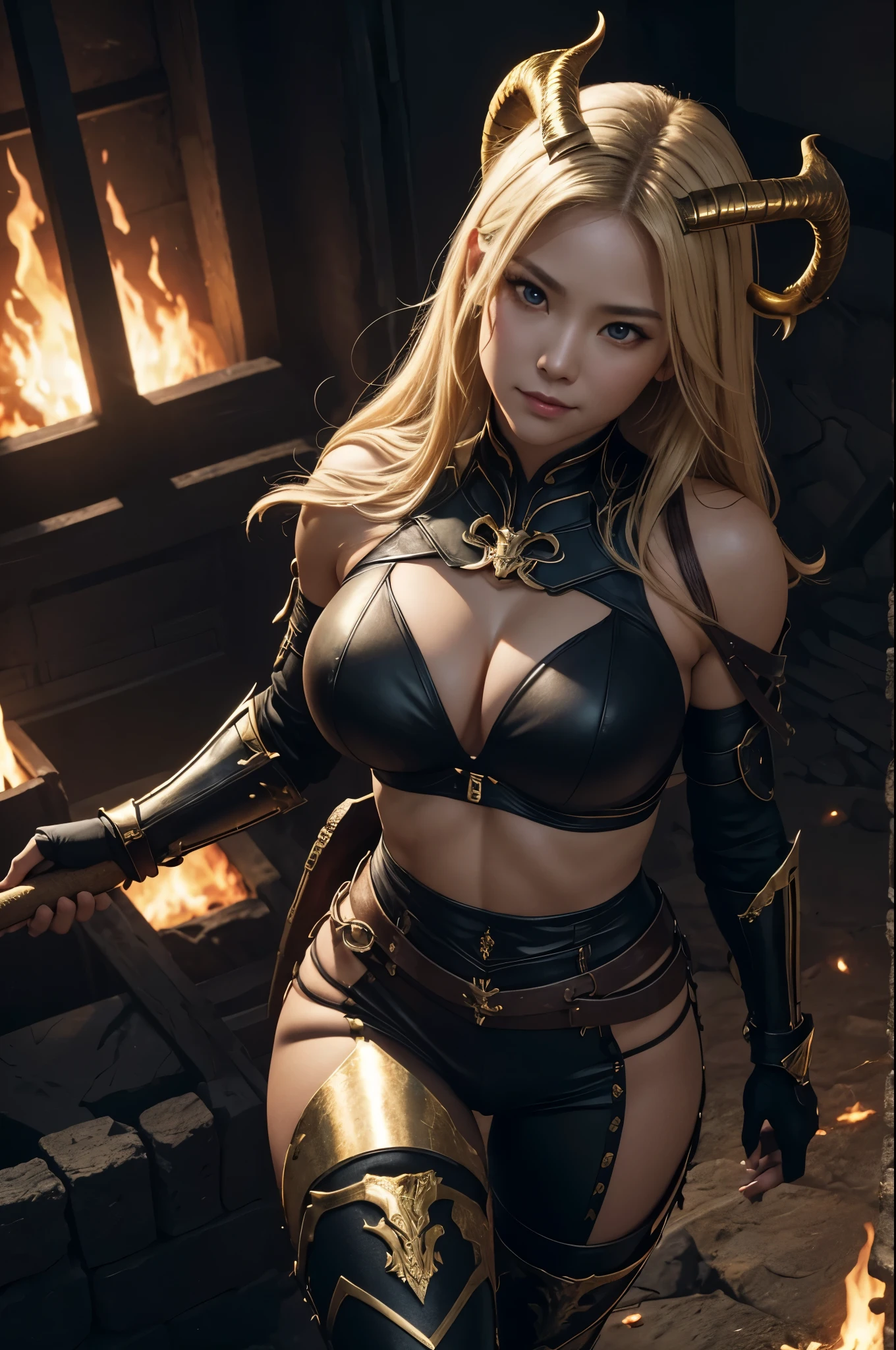 8K,looking down from above描写,Beautiful mature female demon, 3 horns, Cruel smile, black skin, sexyな黒の胸鎧, big golden eyes, Seduce me,  underworld earth background, (masterpiece), (realistic:1.4), born, highest quality, ultra high resolution, rich colors, Backlight, cinematic lighting, film grain, born, 50mm lens, Nikon D850, warm colors,super realistic skin,inside a dark dungeon,looking down from above描写,One-length hair,Ghost Girl,has a long and large battle ax,battle scene,action scene,action pose,luxurious black shoulder armor,gorgeous black gauntlets,trained body,Violent and strongly cracked abdominal muscles,very big breasts,looking down from above,sexy,gorgeous gold and black pants,blonde,battle scene,action pose,