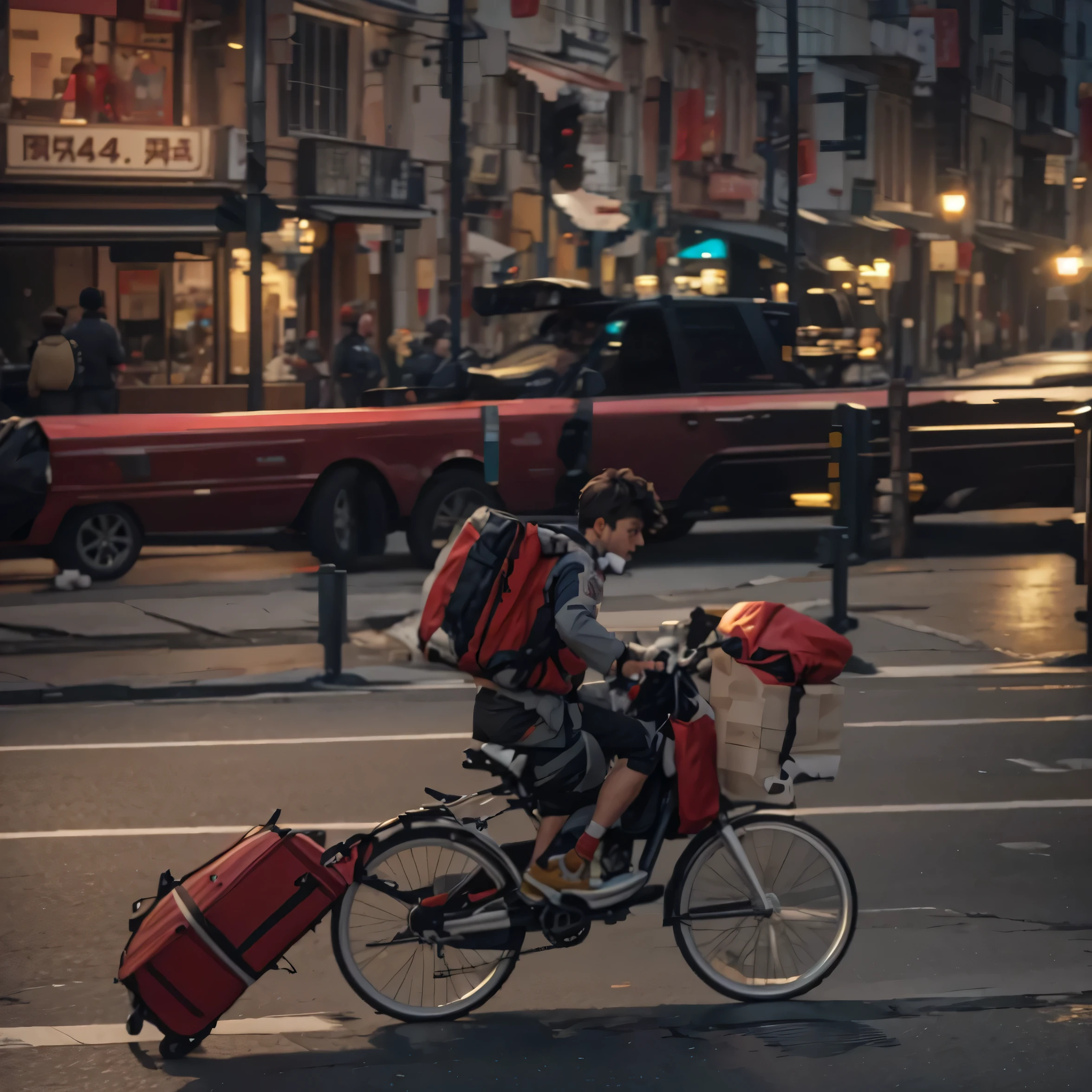there is a man 骑bikes with a suitcase and a suitcase on the back, 🚿🗝📝, hard working young man, bikes, 骑bikes, loose, 9 quack, Really want to ride, Carrying a suitcase, child, The man has a backpack, low quality footage, Competition wins, 3 2 year old male