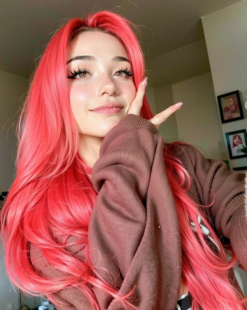 Arafed woman with pink hair and brown sweater posing for a photo, Hermosa Delphine, peluca roja, Ella tiene el pelo largo redorange, red tinted hair, con cabello rosado, Cabello rosa largo y suelto, Cabello largo y rosado, con el pelo largo y rojo, Amouranth, Pokimane, cabello liso rosa, con el pelo rojo, Pelo rosa de cola doble y ojos cian