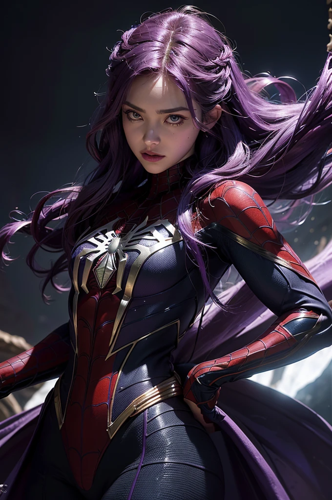 (Extreme Detail CG Unity 8K wallpaper, masterpiece, highest quality), (Exquisite lighting and shadow, highly dramatic picture, Cinematic lens effect), a beautiful girl in a purple Spider-Man costume, purple curly hair color, long hair, braiding hair, flower on the head, beautiful purple eye, evil face, pursed lips, from the Spider-Man parallel universe, Wenger, Marvel, Spider-Man, on the cave, very beautiful face, dynamic pose), (excellent detail, excellent lighting, wide angle), (excellent rendego on cave, enough to stand out in cave, clasocus on purple Spider-Man costumes, complex spider textures